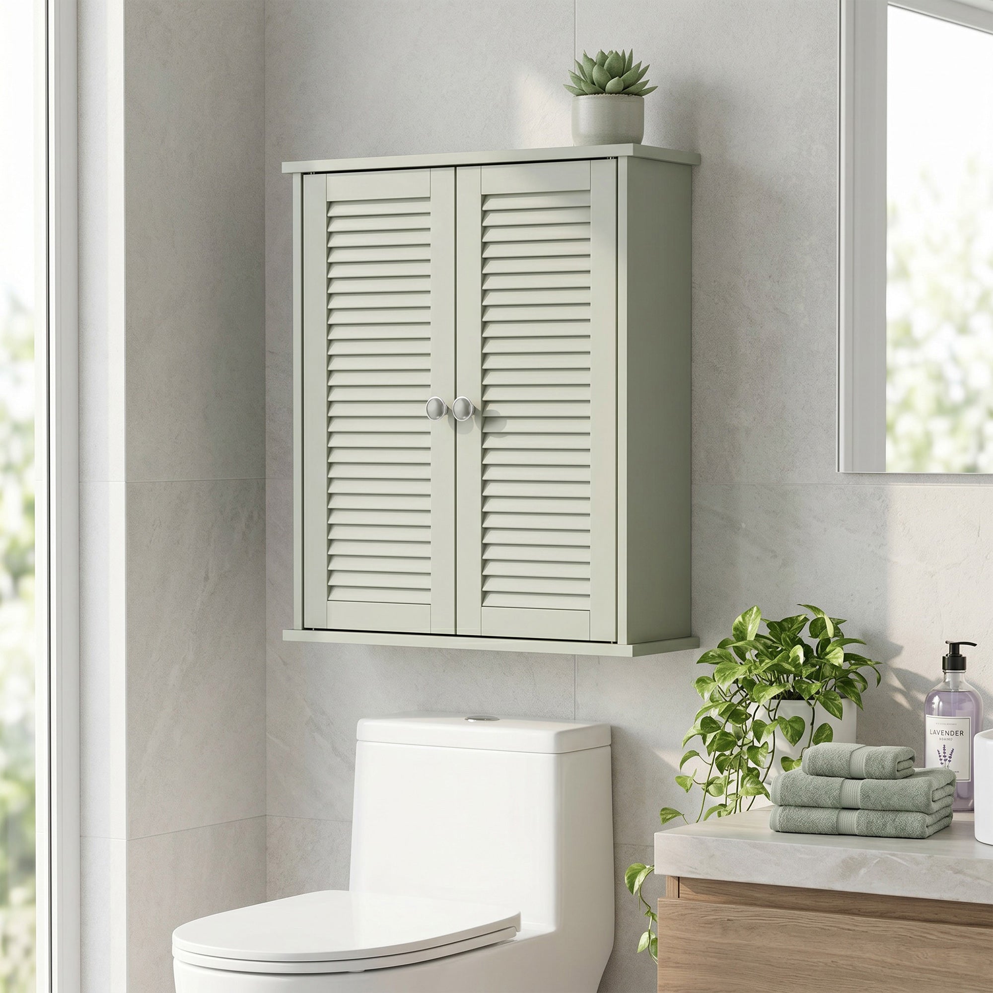Bathroom Wall Cabinet, Wall-Mounted Over-The-Toilet Space Saver with Louvered Doors and Adjustable Shelf Storage for Kitchen, Living Room, Light Green
