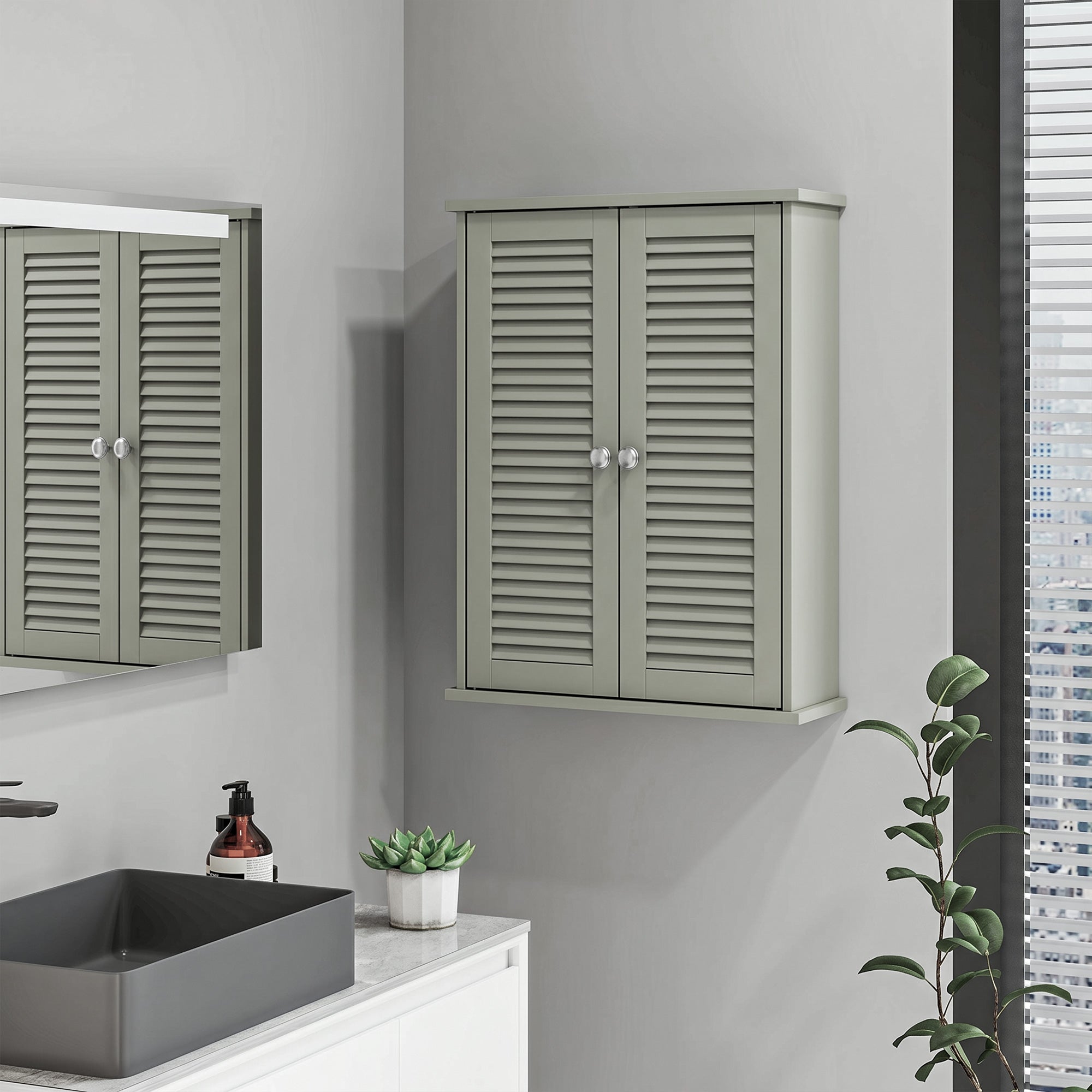 Bathroom Wall Cabinet, Wall-Mounted Over-The-Toilet Space Saver with Louvered Doors and Adjustable Shelf Storage for Kitchen, Living Room, Light Green