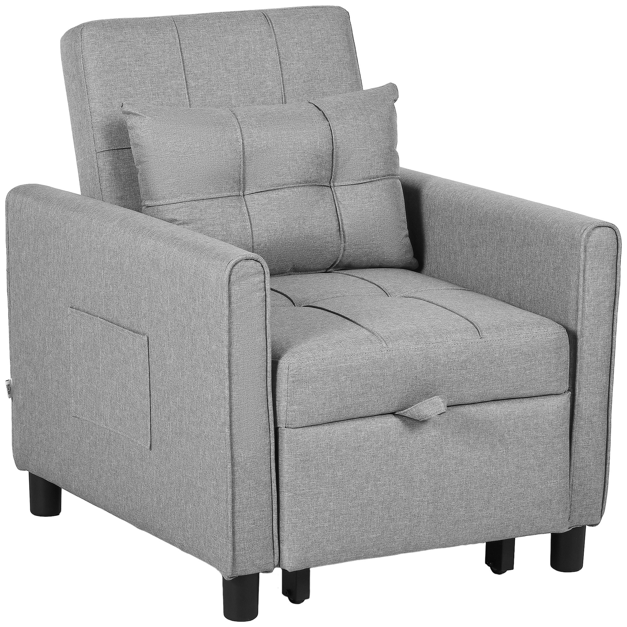 HOMCOM Compact Single Chair Bed, Pull Out Chair Bed, Convertible Sleeper Chair with Adjustable Backrest, Pillow, Side Pockets for Home Office, Bedroom, Living Room, Light Grey