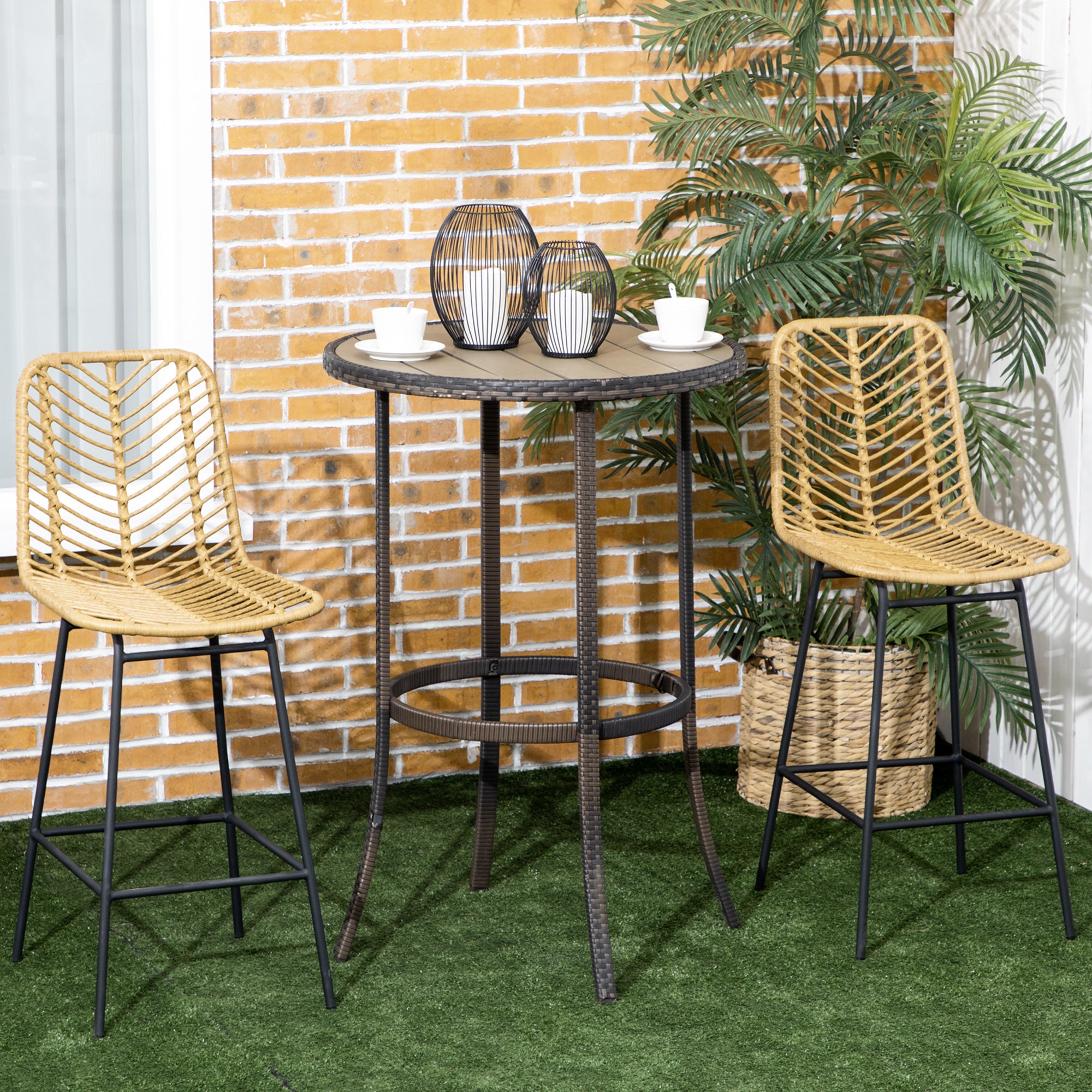 Set of 2 Rattan Barstools Wicker Counter Stools with Steel Legs and Footrest for Dining Room Kitchen Pub Yellow