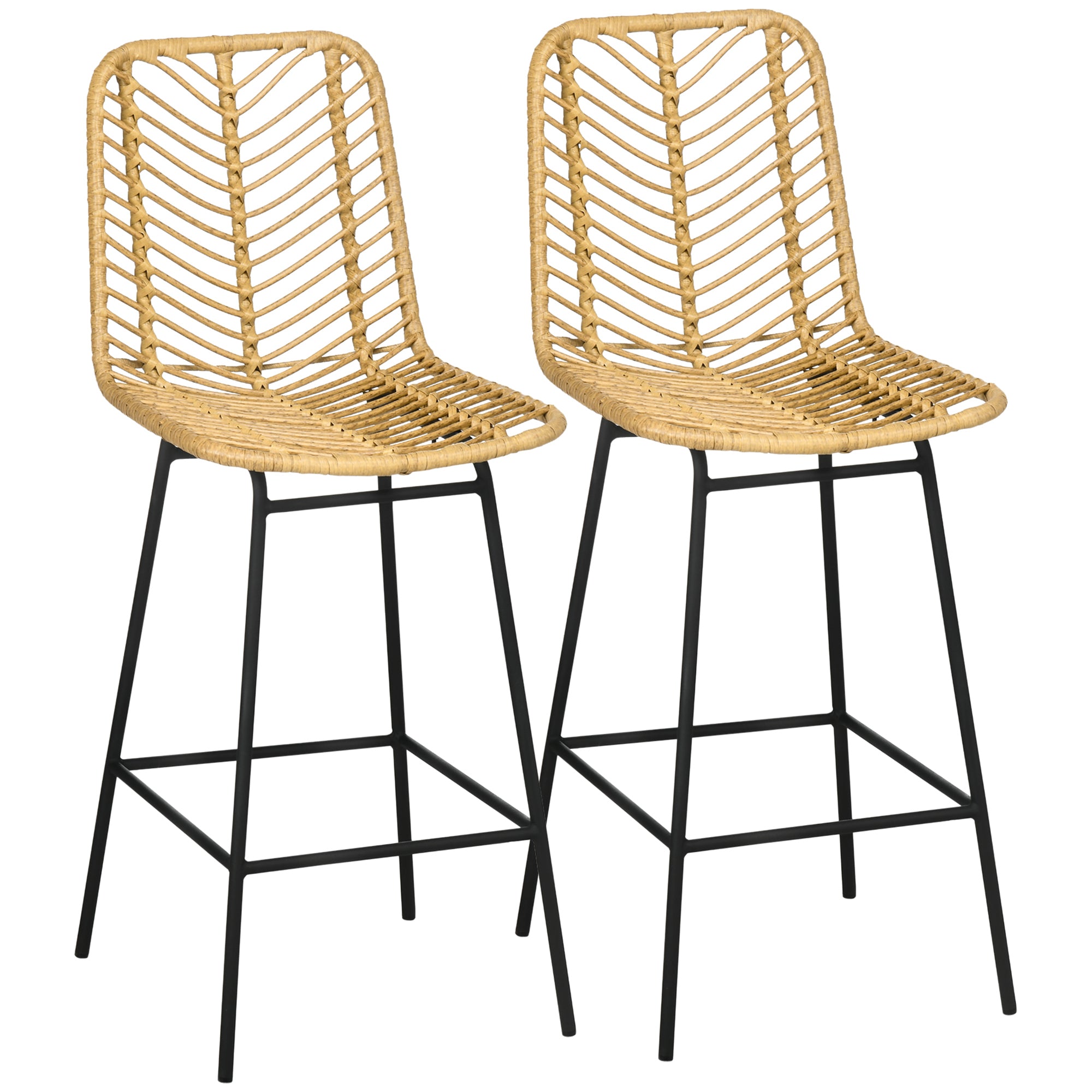 Set of 2 Rattan Barstools Wicker Counter Stools with Steel Legs and Footrest for Dining Room Kitchen Pub Yellow