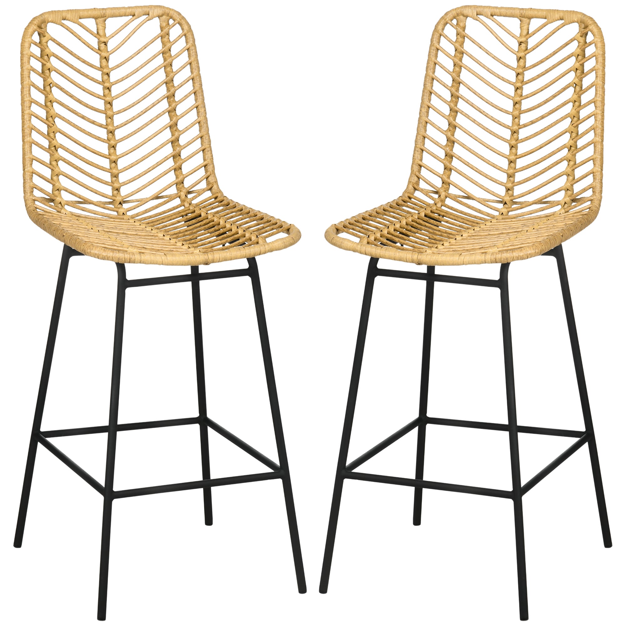 Set of 2 Rattan Barstools Wicker Counter Stools with Steel Legs and Footrest for Dining Room Kitchen Pub Yellow