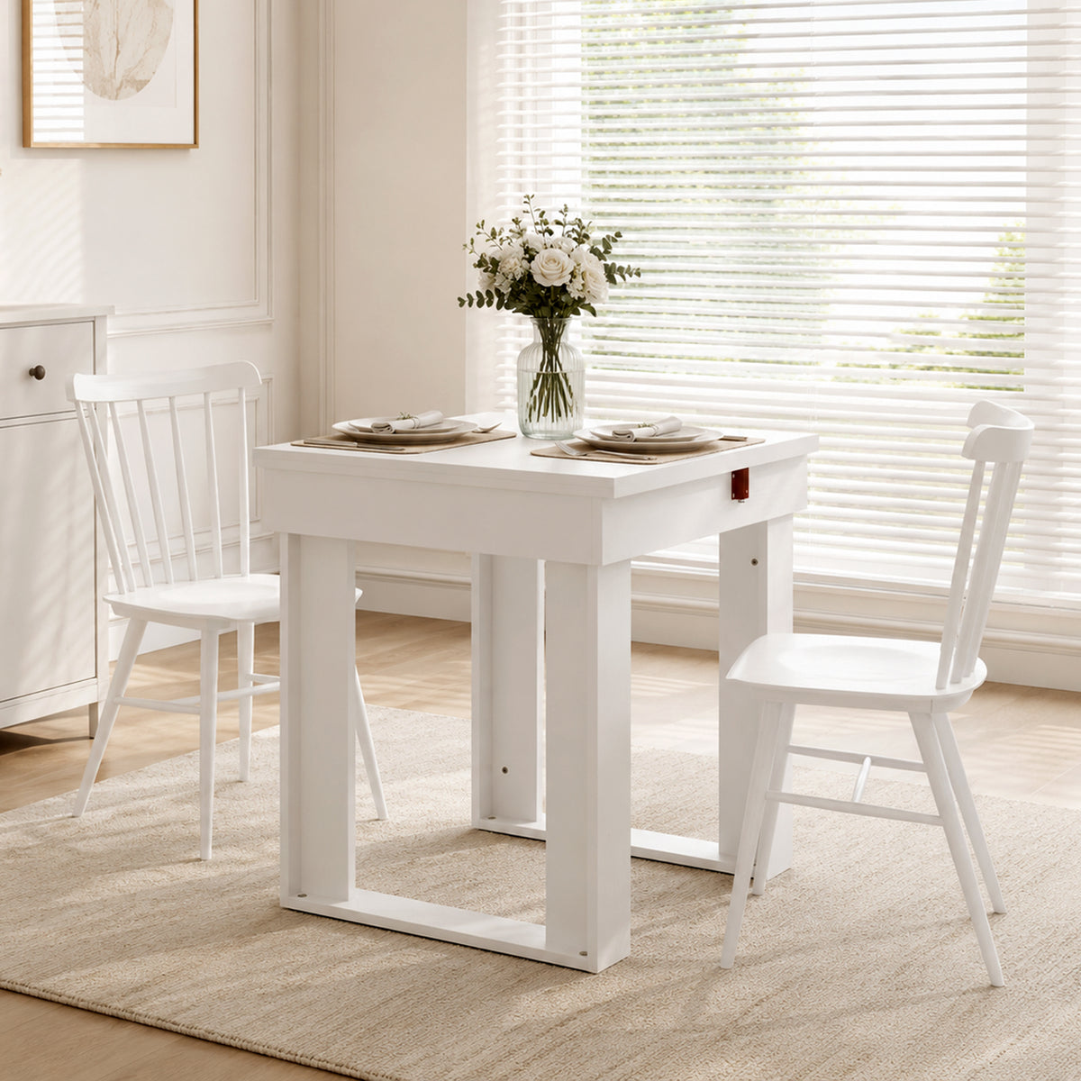 Folding Dining Table for 4 with Under-Table Storage, 70-140 cm Modern Extendable Kitchen Table with Steel Rail, Space-Saving for Kitchen, Dining Room, White
