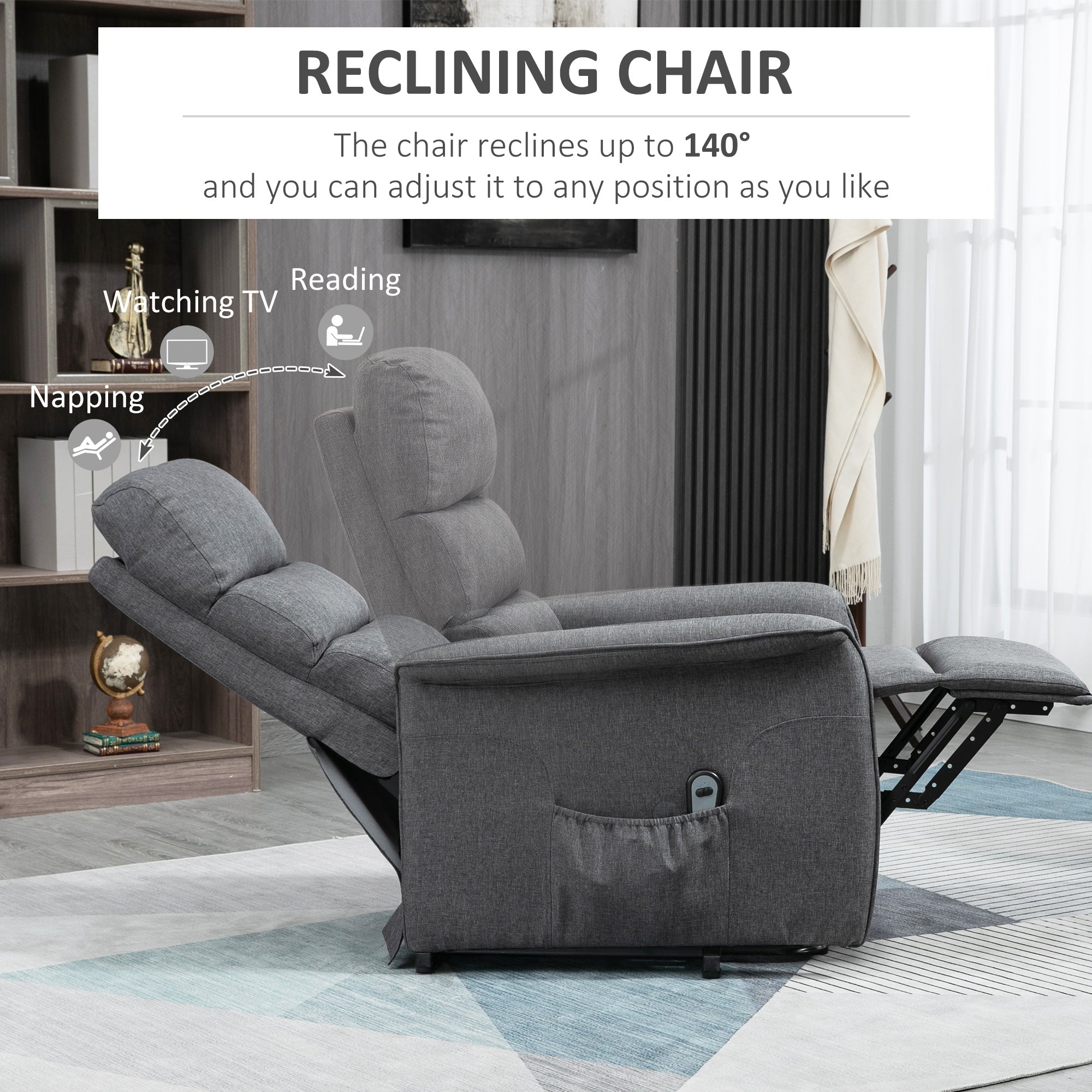 Power Lift Assist Recliner Chair for Elderly with Remote Control, Linen Fabric Upholstery Grey