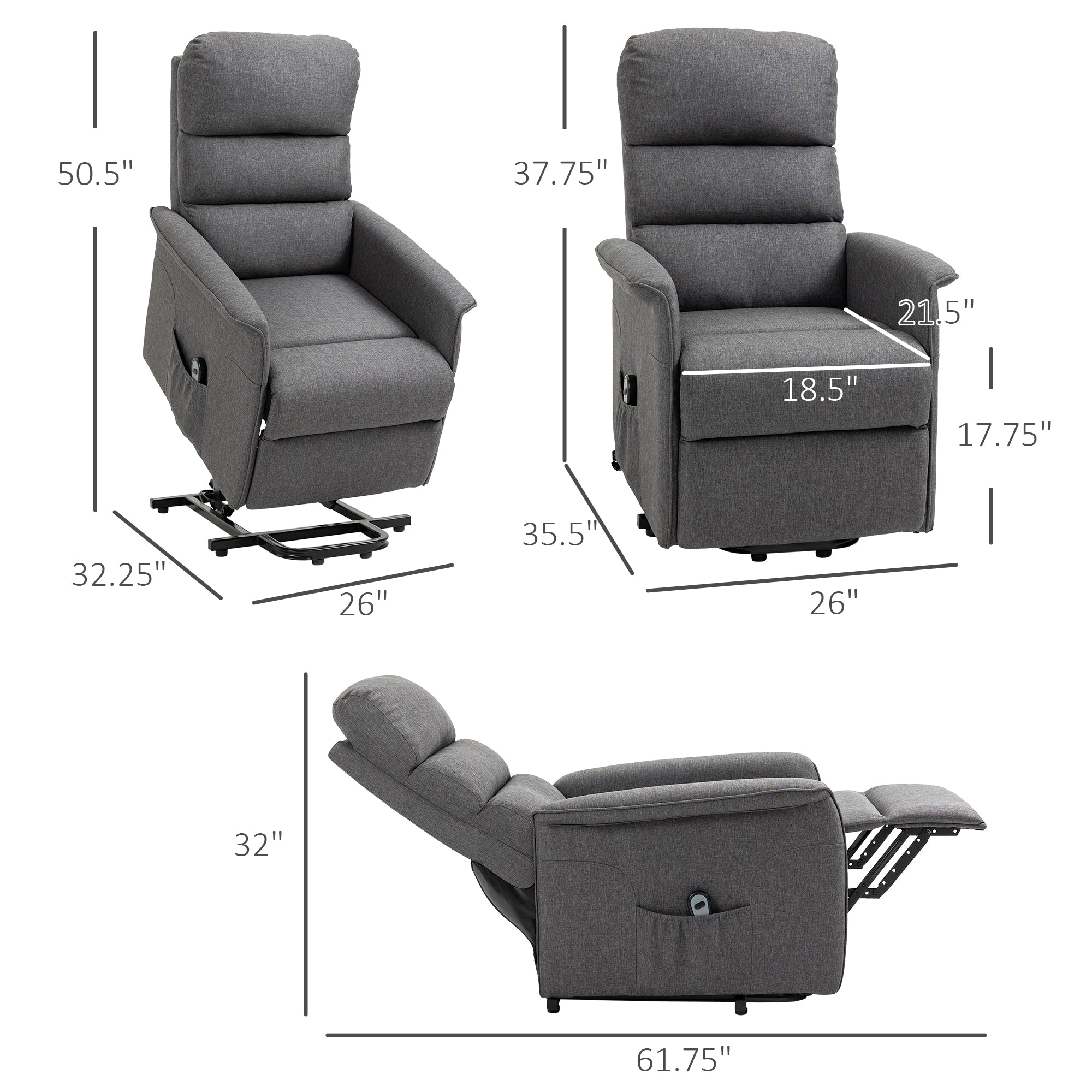 Power Lift Assist Recliner Chair for Elderly with Remote Control, Linen Fabric Upholstery Grey