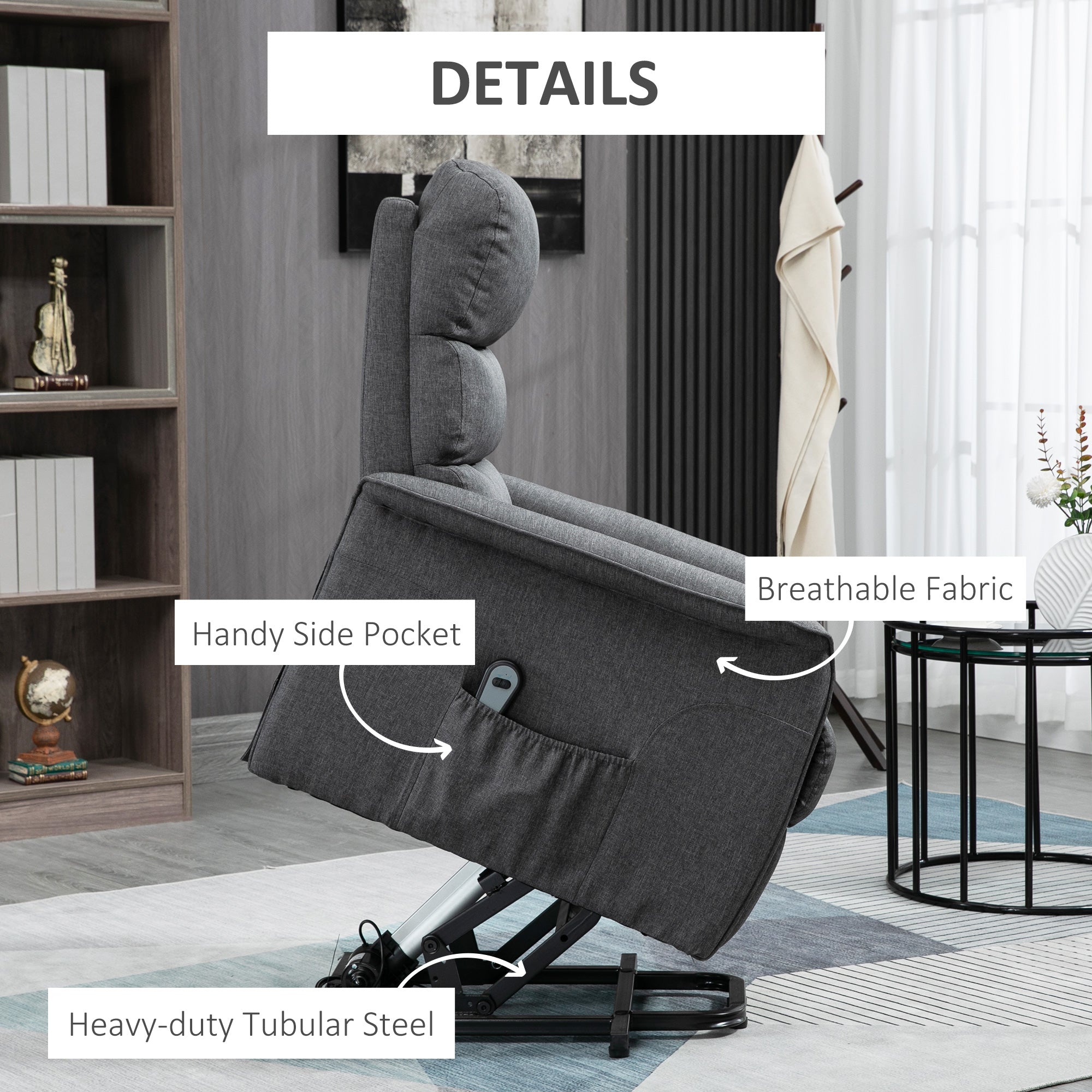 Power Lift Assist Recliner Chair for Elderly with Remote Control, Linen Fabric Upholstery Grey