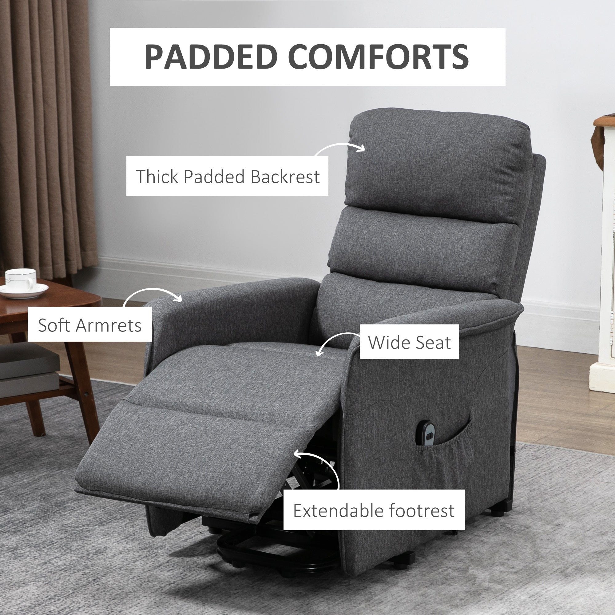 Power Lift Assist Recliner Chair for Elderly with Remote Control, Linen Fabric Upholstery Grey