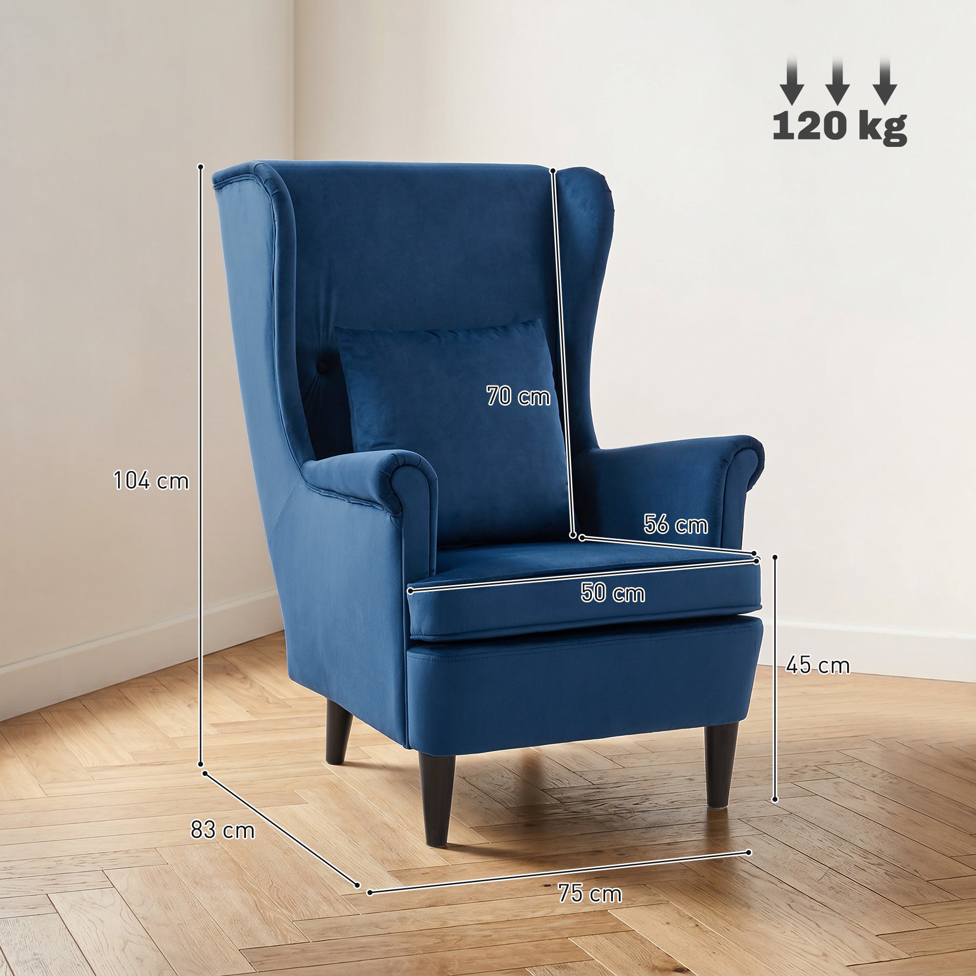 Modern Accent Chair, Upholstered Wingback Armchair with High Backrest and Pillow, Velvet-Feel Fabric Reading Chair with Solid Wood Legs for Living Room, Bedroom, Home Office, Blue