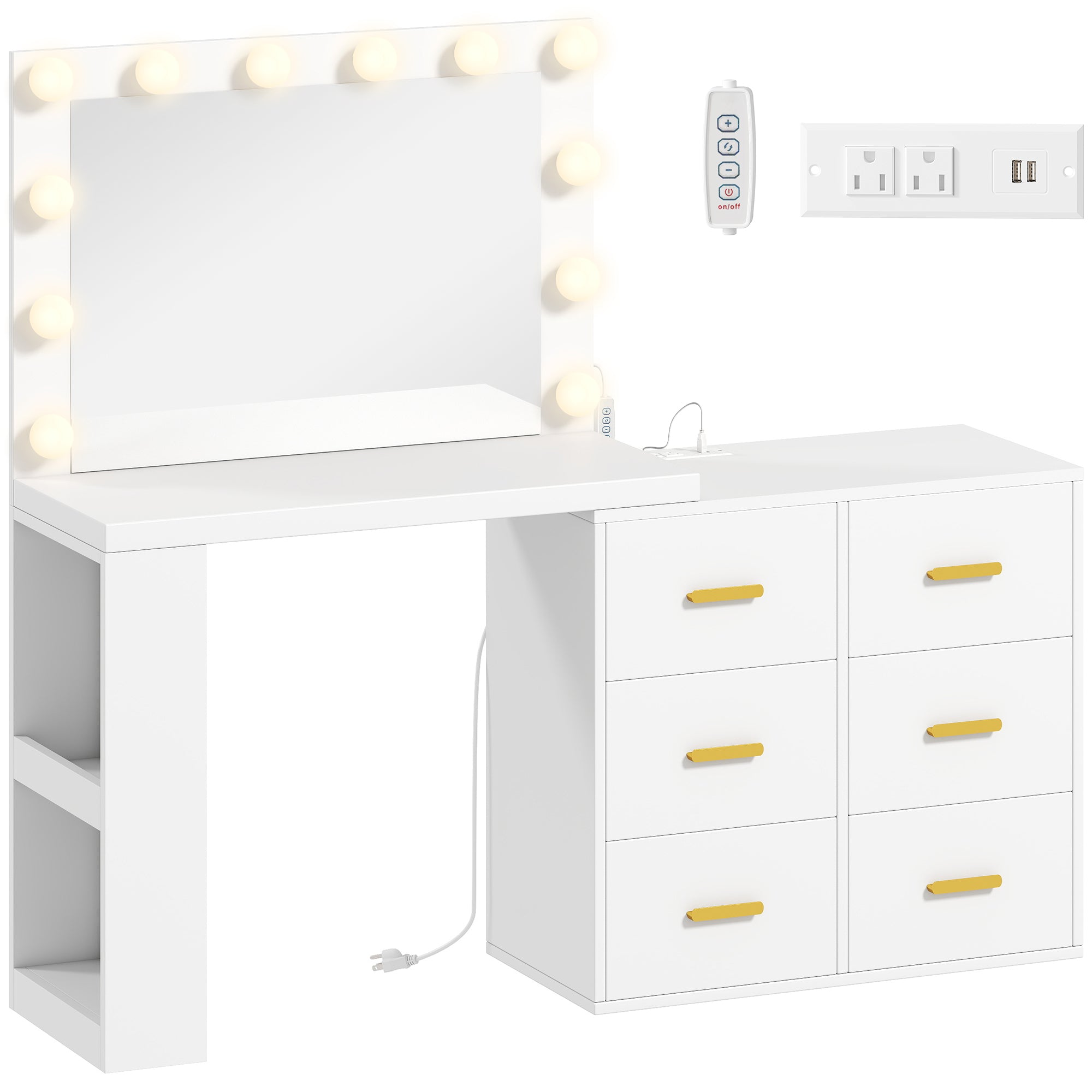 Vanity Desk with Mirror and 12 LED Lights, Makeup Table with Power Outlet, 3 Light Colour, 6 Drawers and 2 Open Shelves, Dressing Table for Bedroom, Dressing Room, White