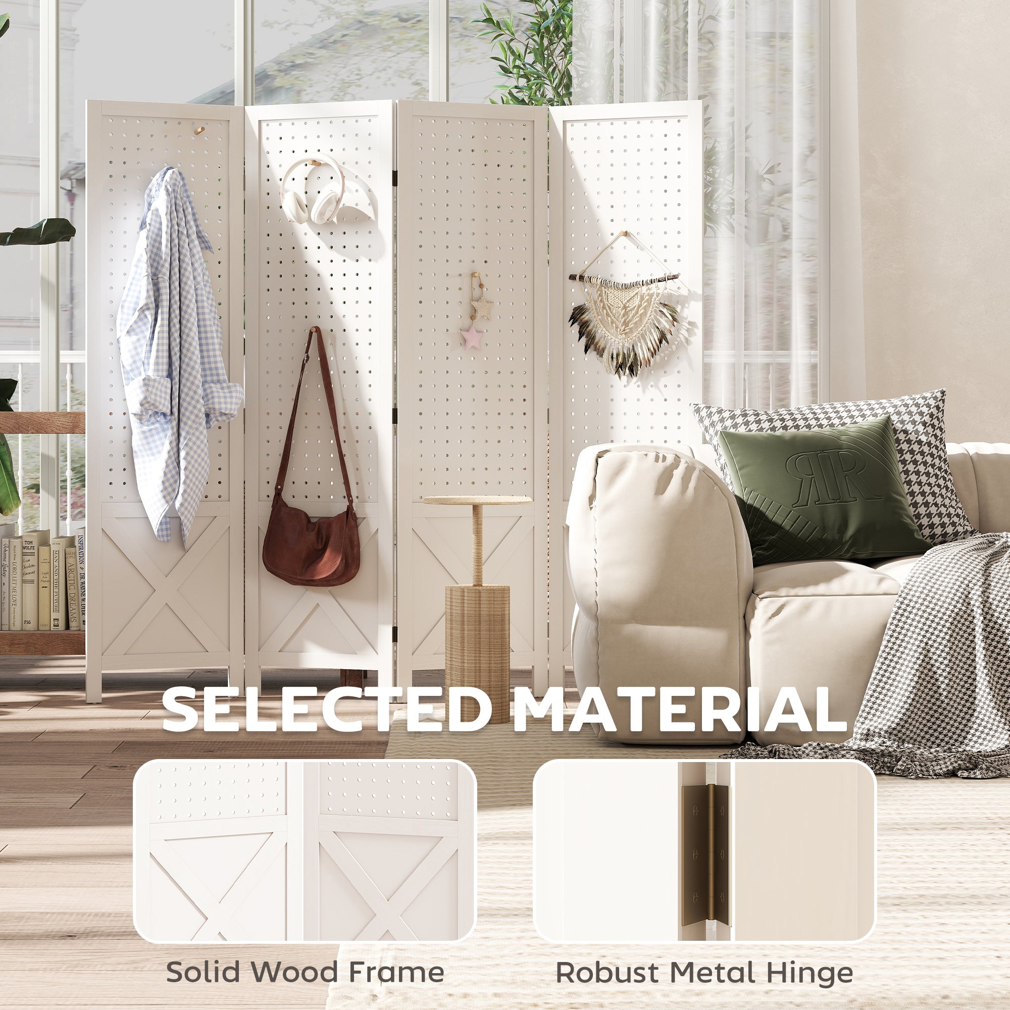 4 Panel Pegboard Display Room Divider, 56.9" Tall Wood Indoor Portable Folding Privacy Screen, Partition Wall Divider for Bedroom, White