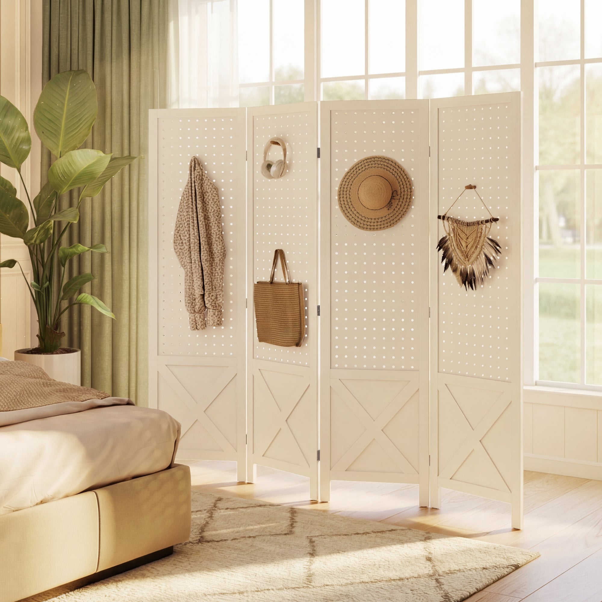 4 Panel Pegboard Display Room Divider, 56.9" Tall Wood Indoor Portable Folding Privacy Screen, Partition Wall Divider for Bedroom, White