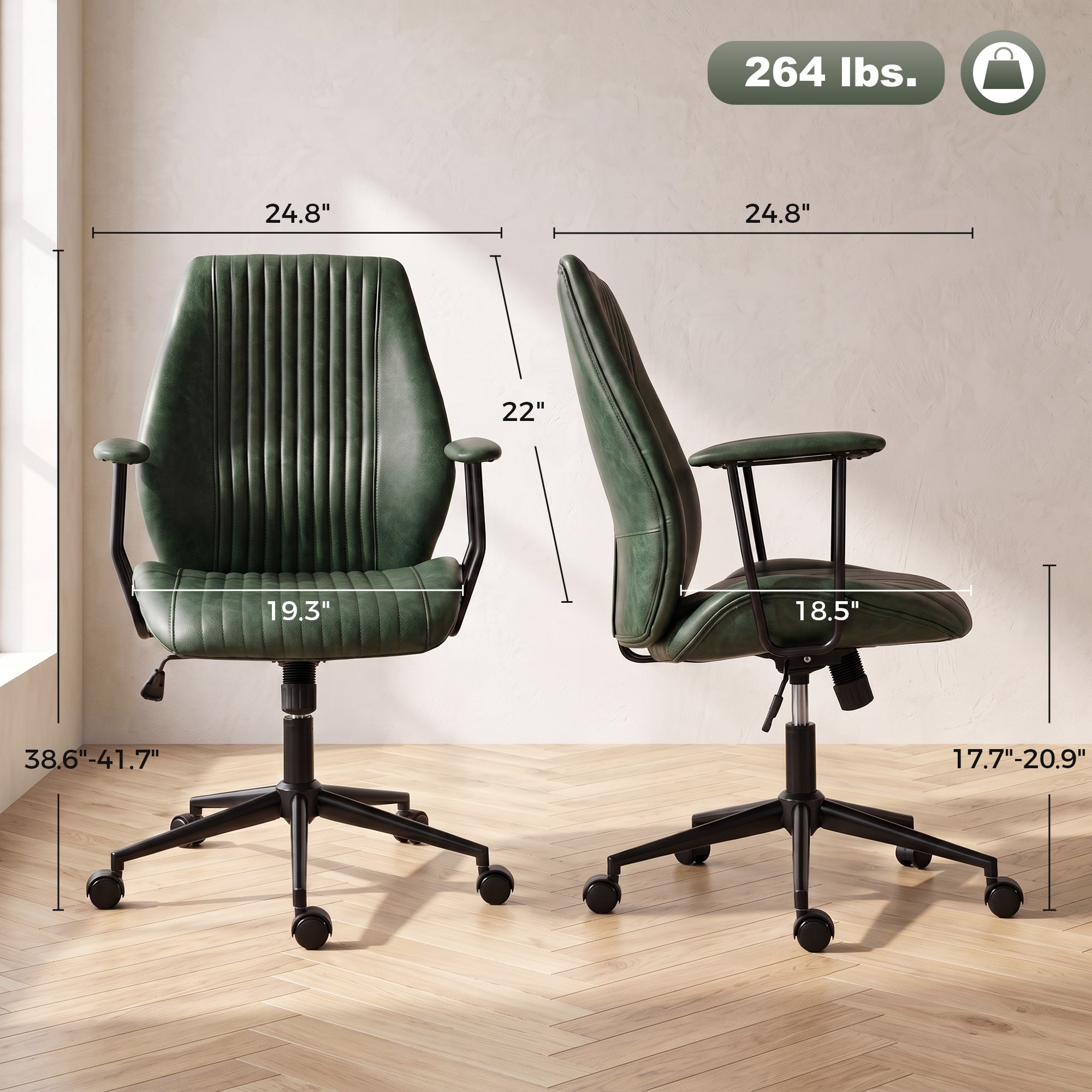 Home Office Desk Chair, PU Leather Computer Chair with Padded Arms, Mid Back, 360° Swivel, Adjustable Height, Tilt Function, Rolling Wheels, Vintage Style for Task, Study, Work, Green