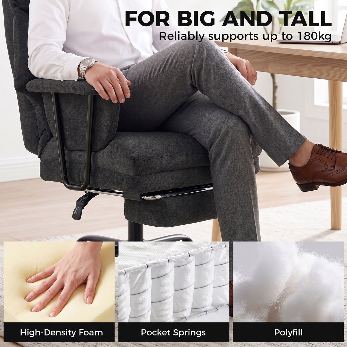 Office Chair, 180kg Heavy Duty Linen Computer Desk Chair with Lumbar Support, Wide Seat, Spring Cushion, Reclining Backrest, Footrest, Swivel Wheels, Black