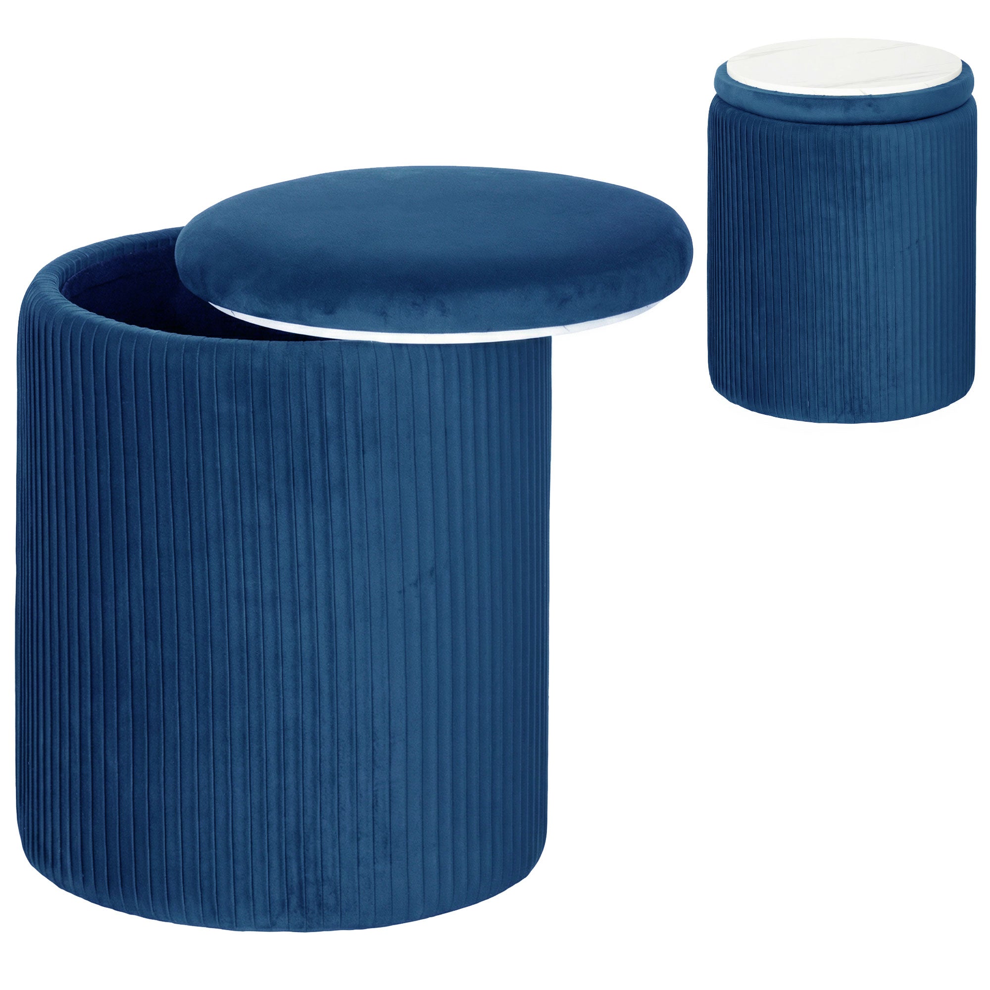 Round Storage Ottoman, Velvet-feel Fabric Upholstered Foot Stool with Removable Top, Padded Seat and Hidden Space for Living Room, Bedroom, Blue