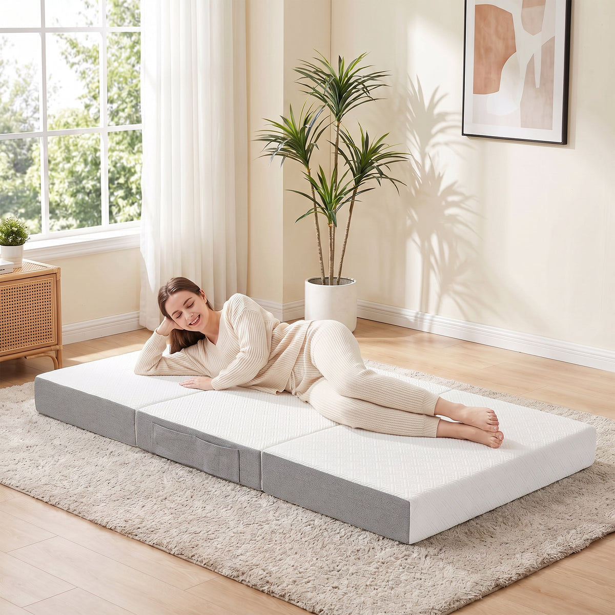 Foldable Mattress Twin Size, 6 Inch Tri Fold Memory Foam Mattress with Washable Cover & Non-Slip Bottom, Portable Floor Bed for RV, Guest, Travel, Camping, 75" x 38" x6"
