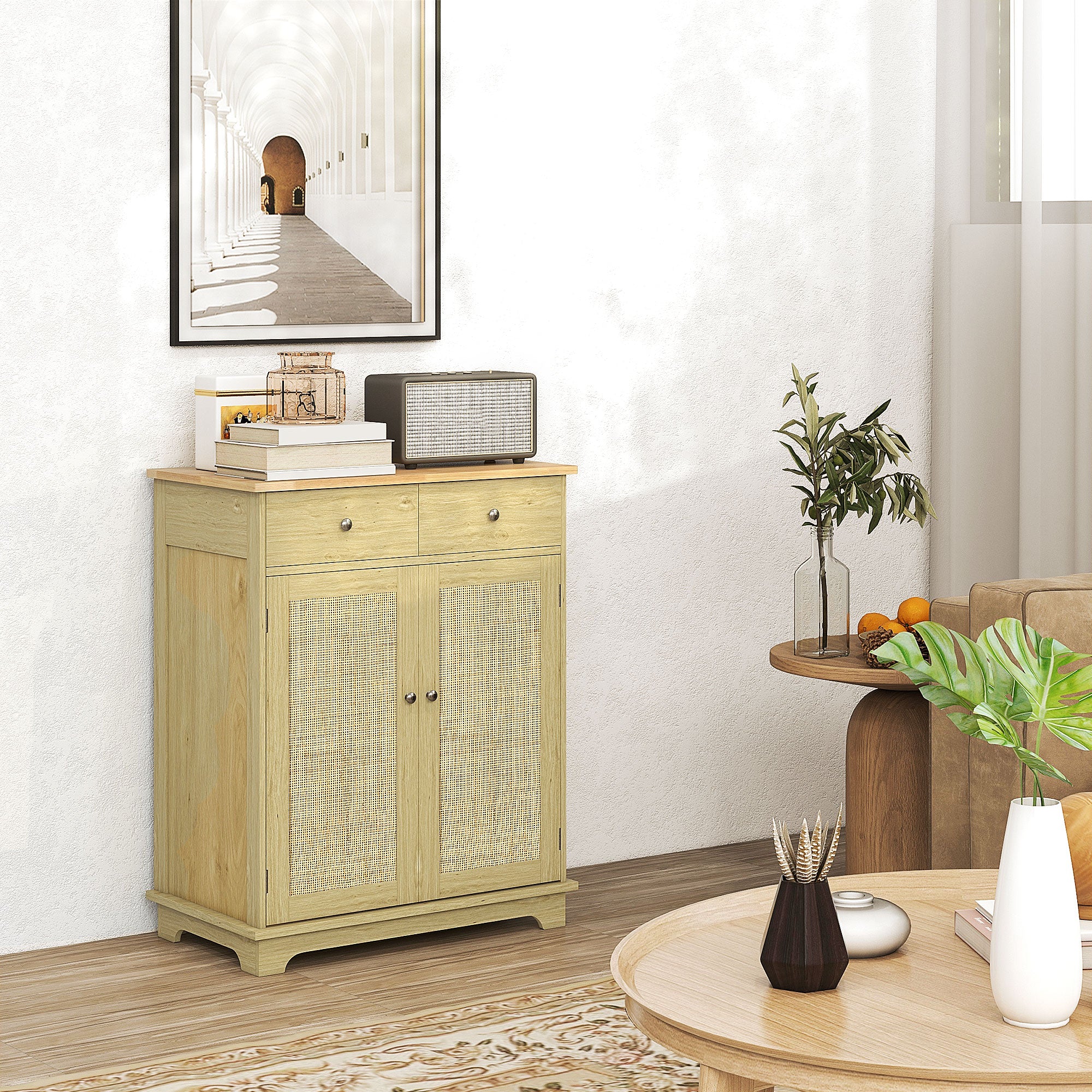 Kitchen Storage Cabinet Sideboard Floor Cupboard with Solid Wood Top Adjustable Shelf 2 Drawers Natural