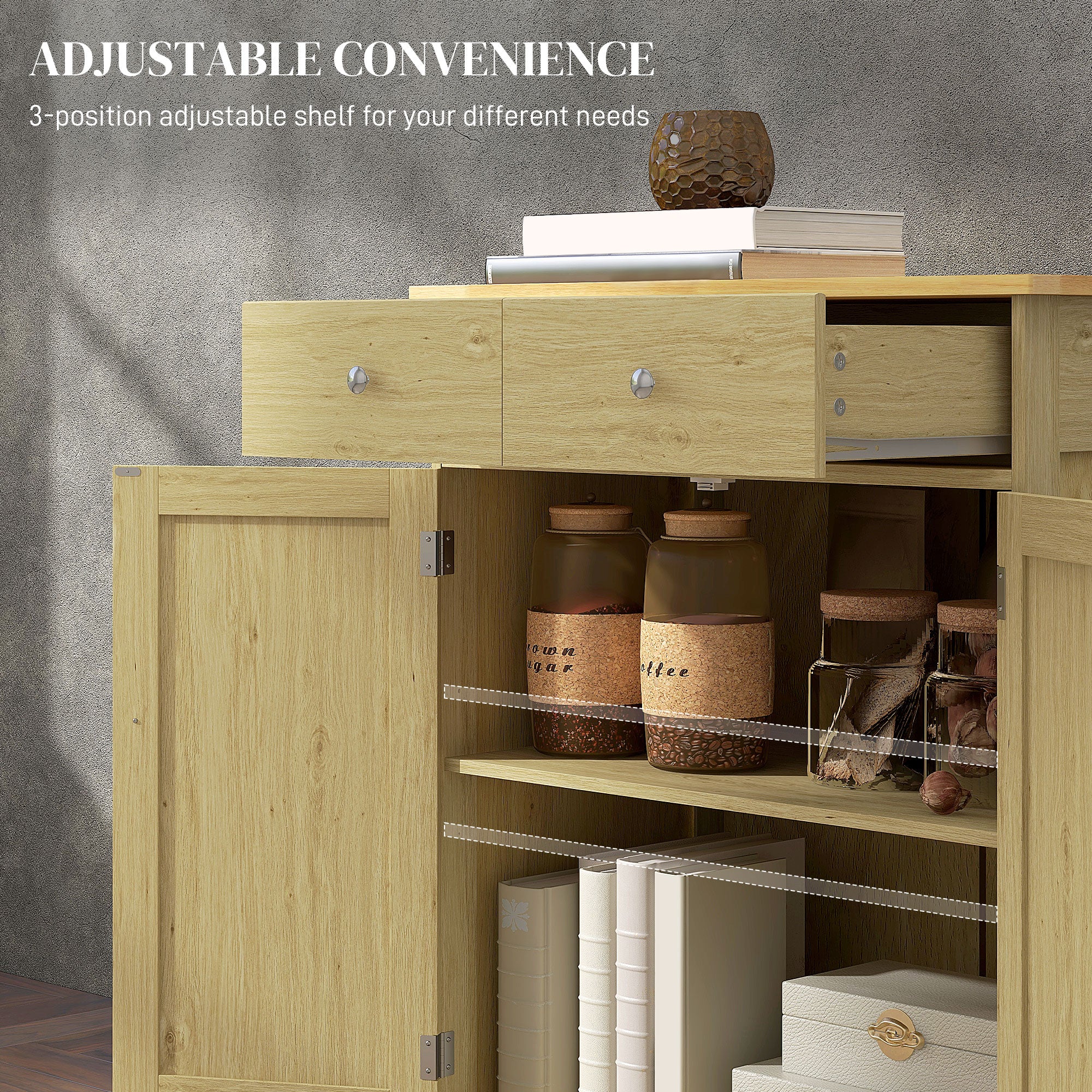 Kitchen Storage Cabinet Sideboard Floor Cupboard with Solid Wood Top Adjustable Shelf 2 Drawers Natural