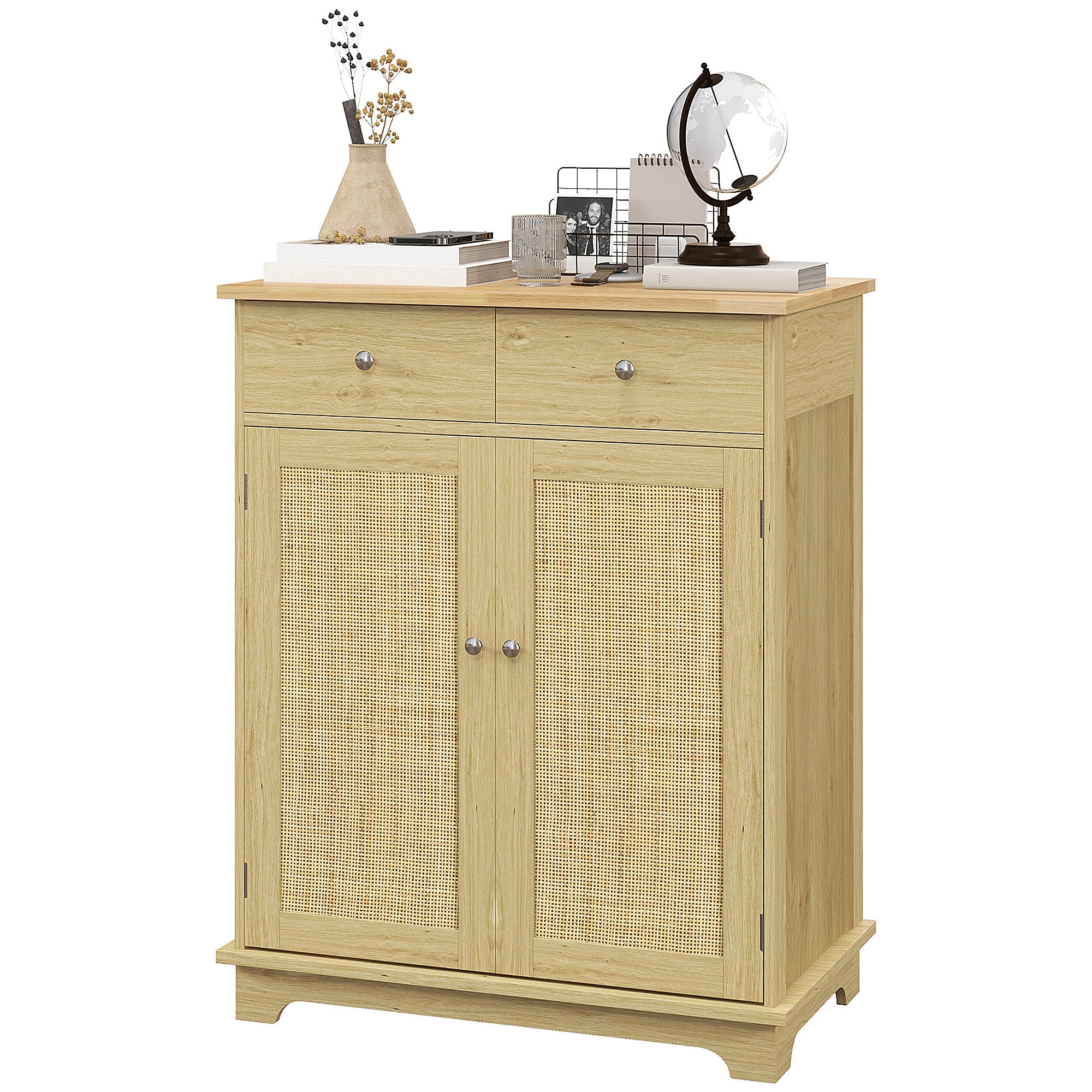 Kitchen Storage Cabinet Sideboard Floor Cupboard with Solid Wood Top Adjustable Shelf 2 Drawers Natural