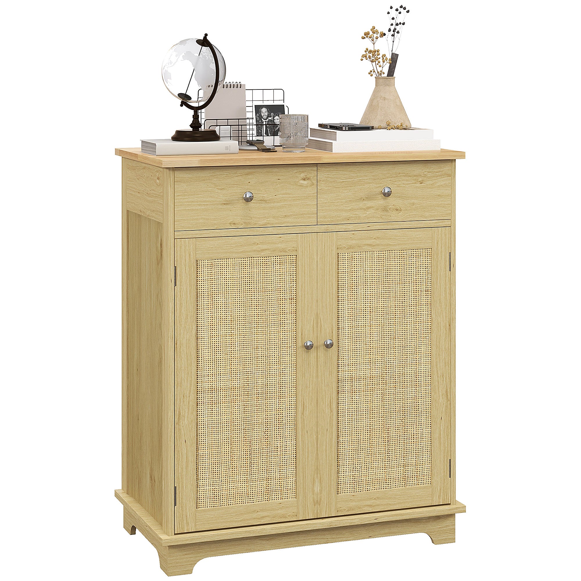 Kitchen Storage Cabinet Sideboard Floor Cupboard with Solid Wood Top Adjustable Shelf 2 Drawers Natural