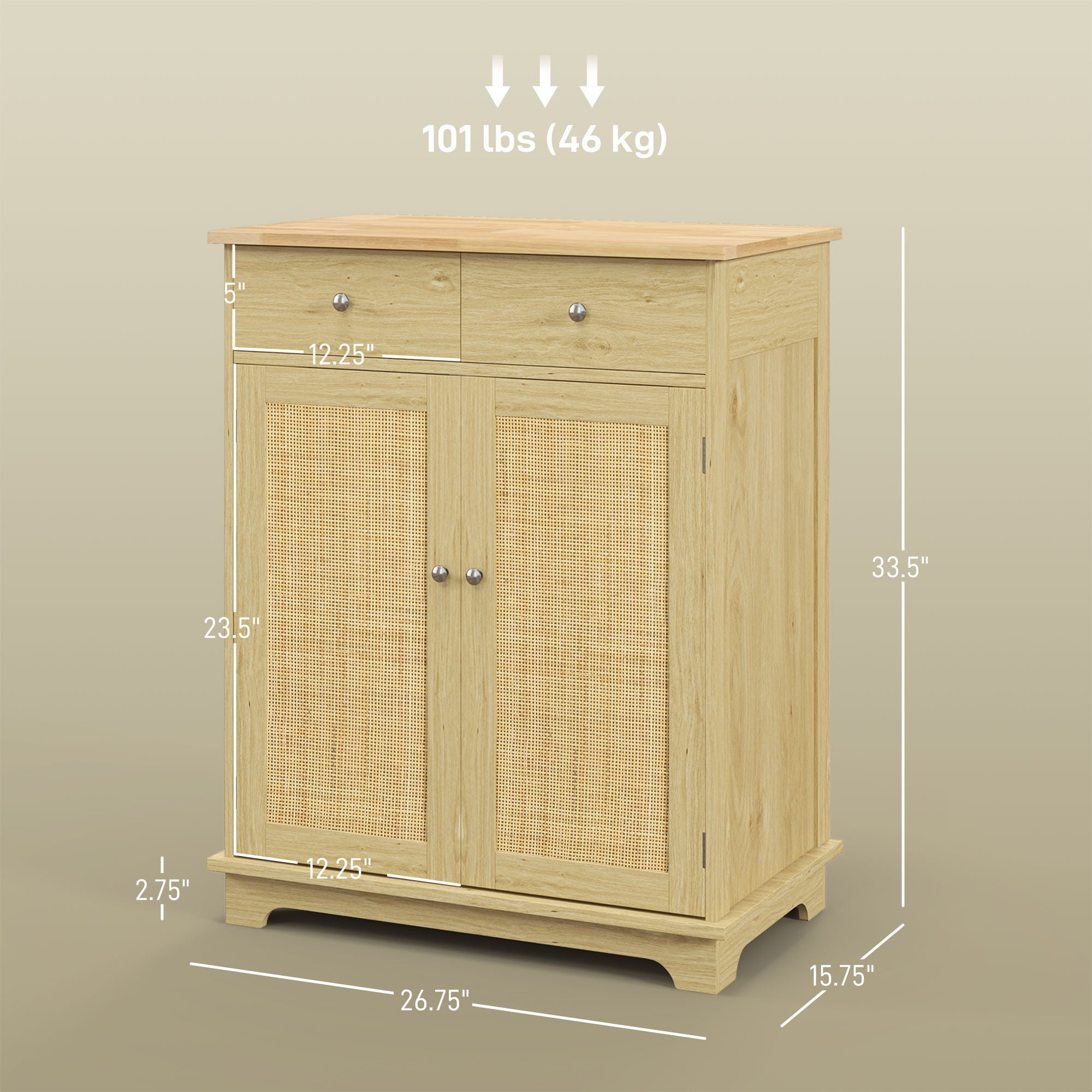 Kitchen Storage Cabinet Sideboard Floor Cupboard with Solid Wood Top Adjustable Shelf 2 Drawers Natural