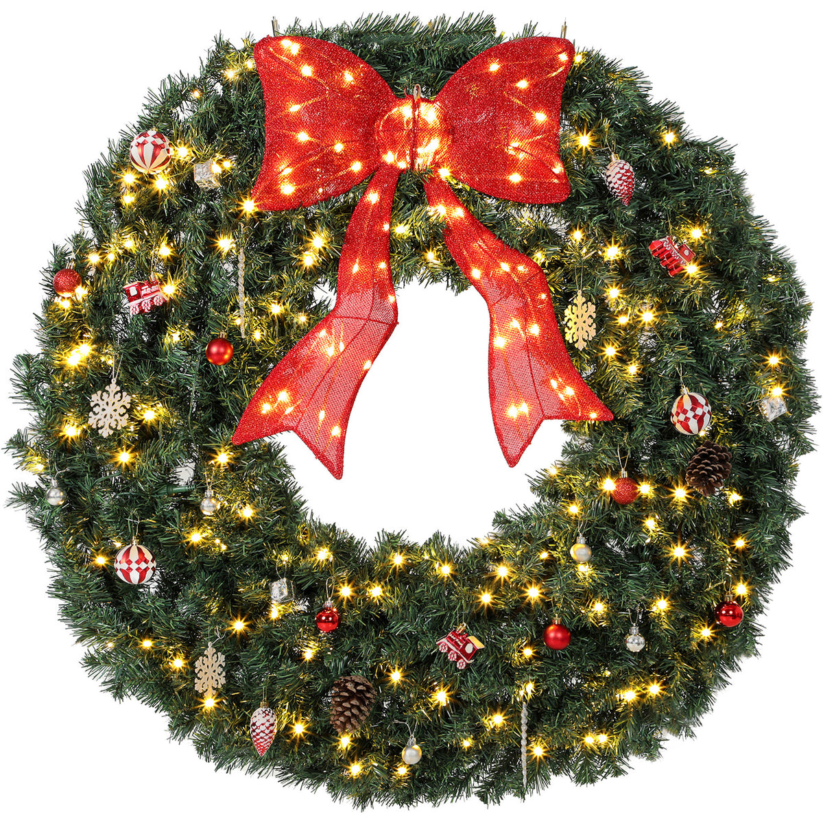 48 Inch Pre-Lit Christmas Wreath for Front Door with 200 LED Lights, Lighted Bow and 31 Ornament Set, Artificial Xmas Wreath for Covered Porch, Wall Decoration, Green