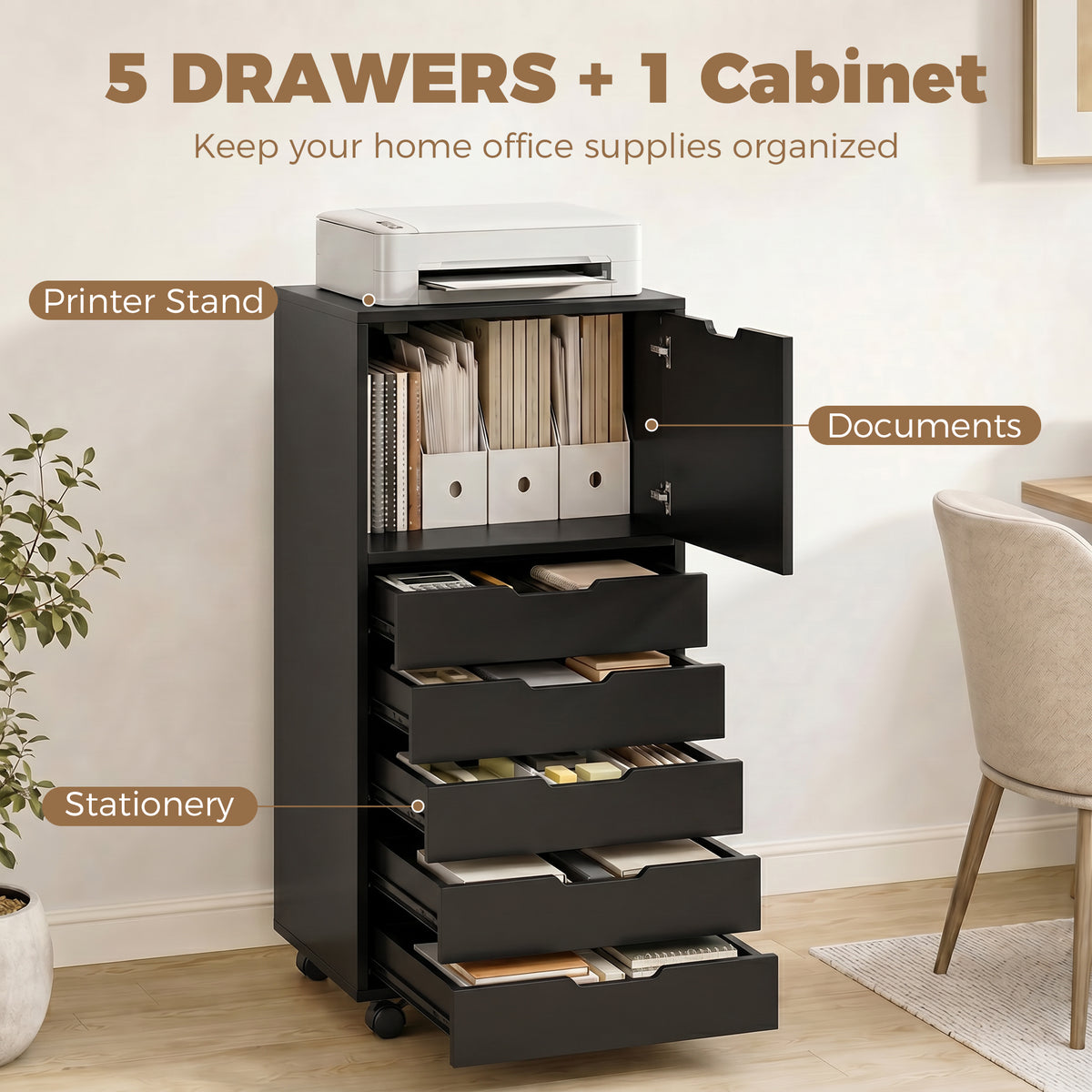 5 Drawer Vertical File Cabinet with Lockable Wheels and Soft-Close Cabinet, Mobile Filing Cabinet for Home Office, Rolling Printer Stand for A4 Letter-Size Documents, Black