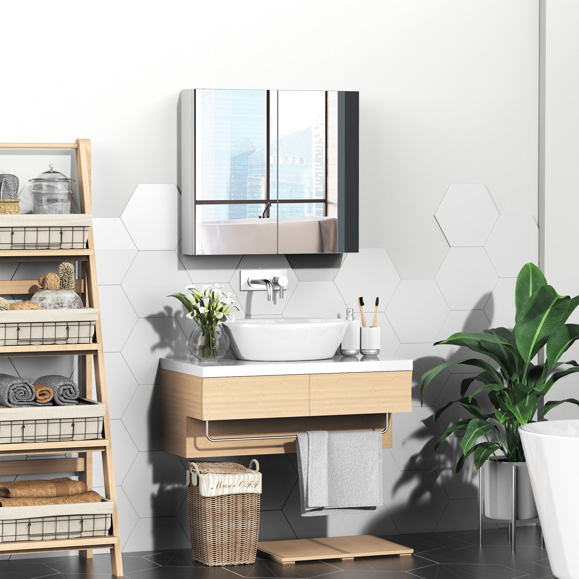 kleankin Bathroom Mirror Cabinet, 24" x 22" Metal Medicine Cabinet, Wall-Mounted Bathroom Cabinet with Double Doors, White