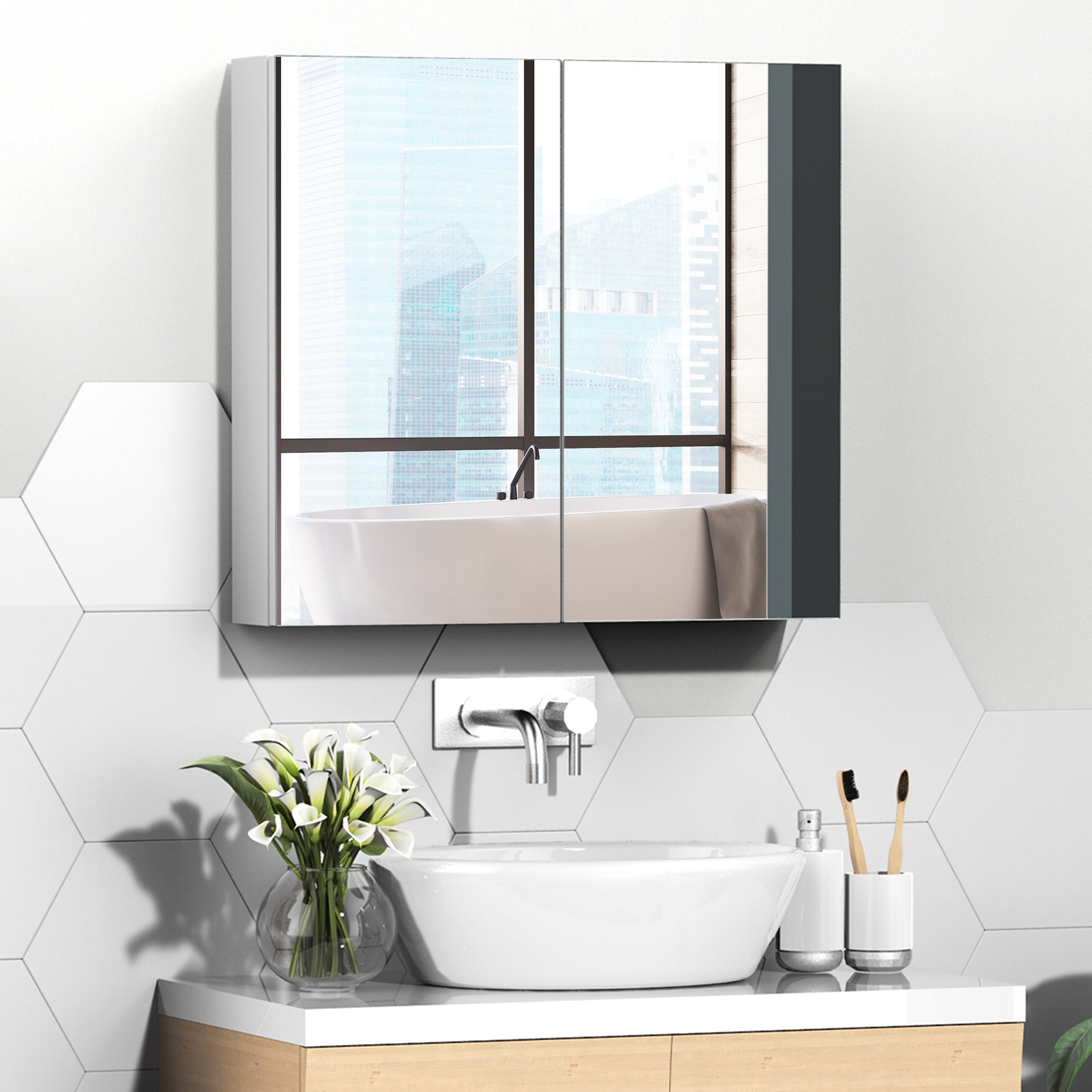 kleankin Bathroom Mirror Cabinet, 24" x 22" Metal Medicine Cabinet, Wall-Mounted Bathroom Cabinet with Double Doors, White