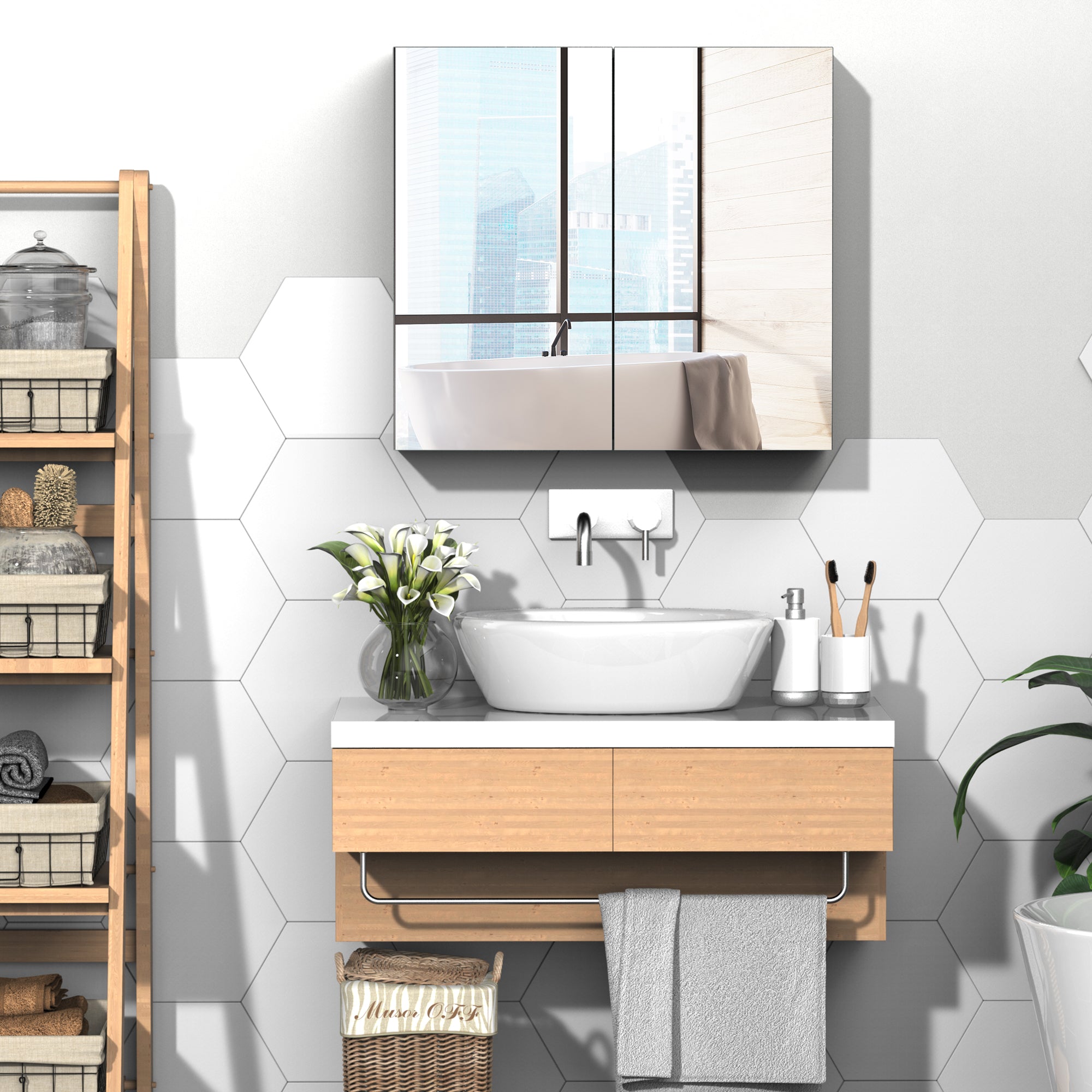 kleankin Bathroom Mirror Cabinet, 24" x 22" Metal Medicine Cabinet, Wall-Mounted Bathroom Cabinet with Double Doors, White