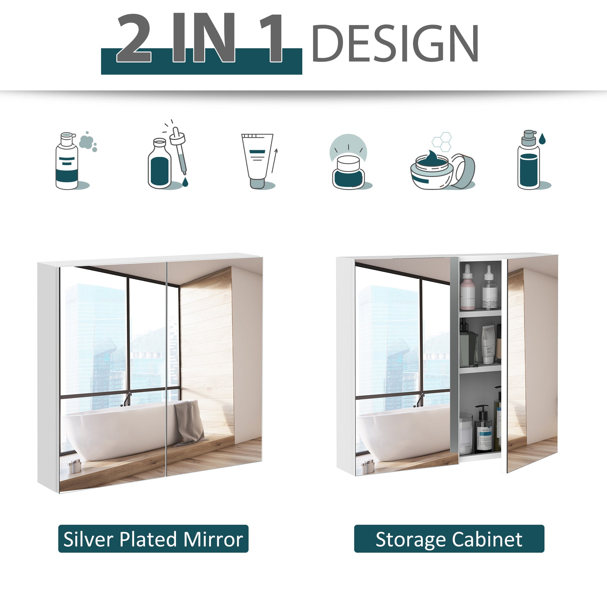 kleankin Bathroom Mirror Cabinet, 24" x 22" Metal Medicine Cabinet, Wall-Mounted Bathroom Cabinet with Double Doors, White