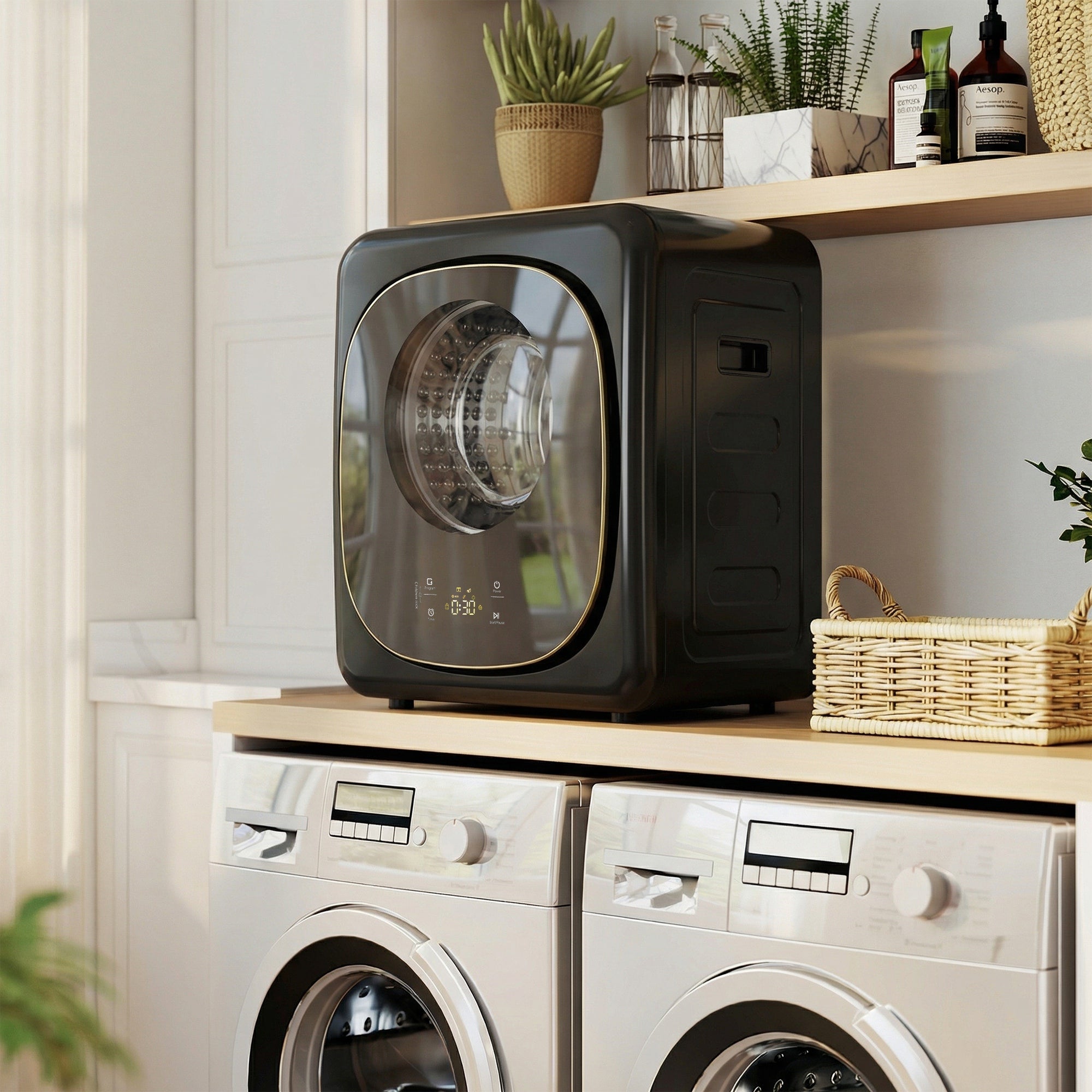 4kg Vented Tumble Dryer, 800W Compact Freestanding Front Tumble Dryer with 5 Drying Mode, Smart Sensor, Timer and Stainless Steel Tub, Wall-Mounted Portable Small Clothes Drying Machine, Black
