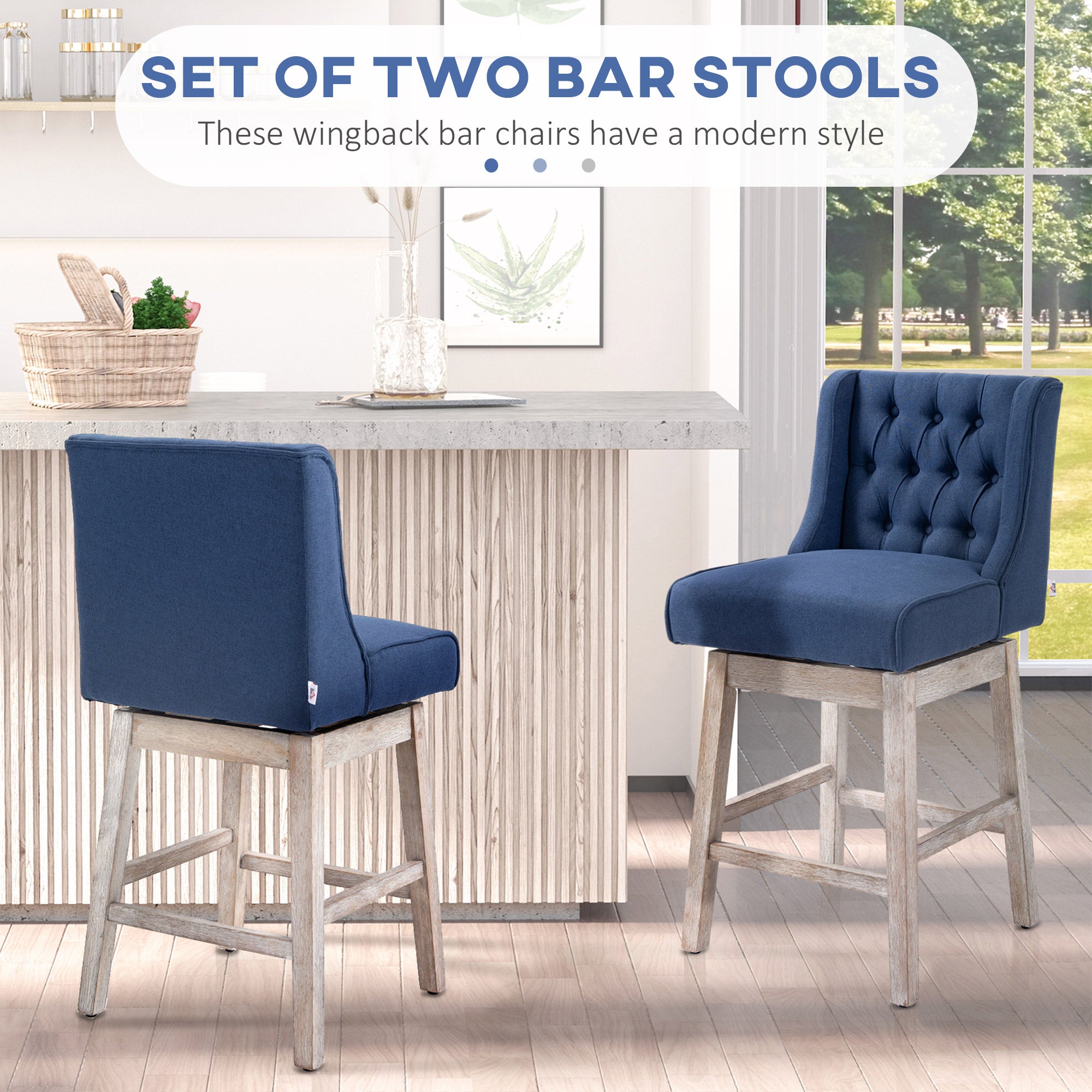 Swivel Bar Stools Set of 2 27" Counter Height with Linen Upholstery and Button Tufted Design Blue