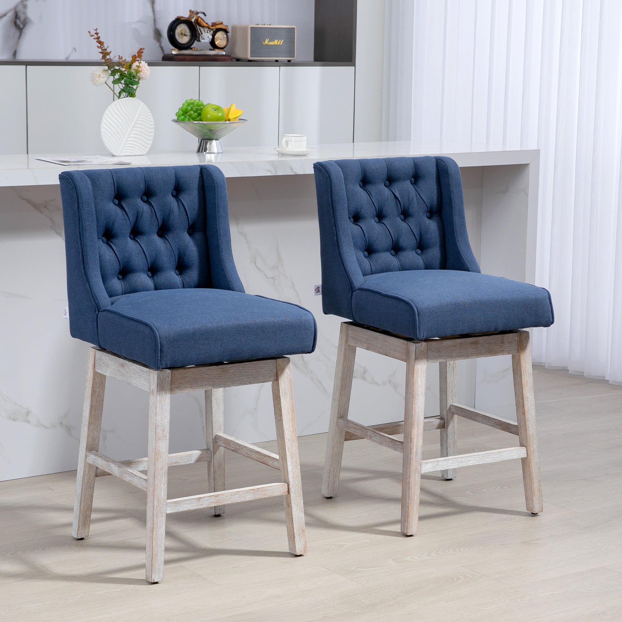 Swivel Bar Stools Set of 2 27" Counter Height with Linen Upholstery and Button Tufted Design Blue