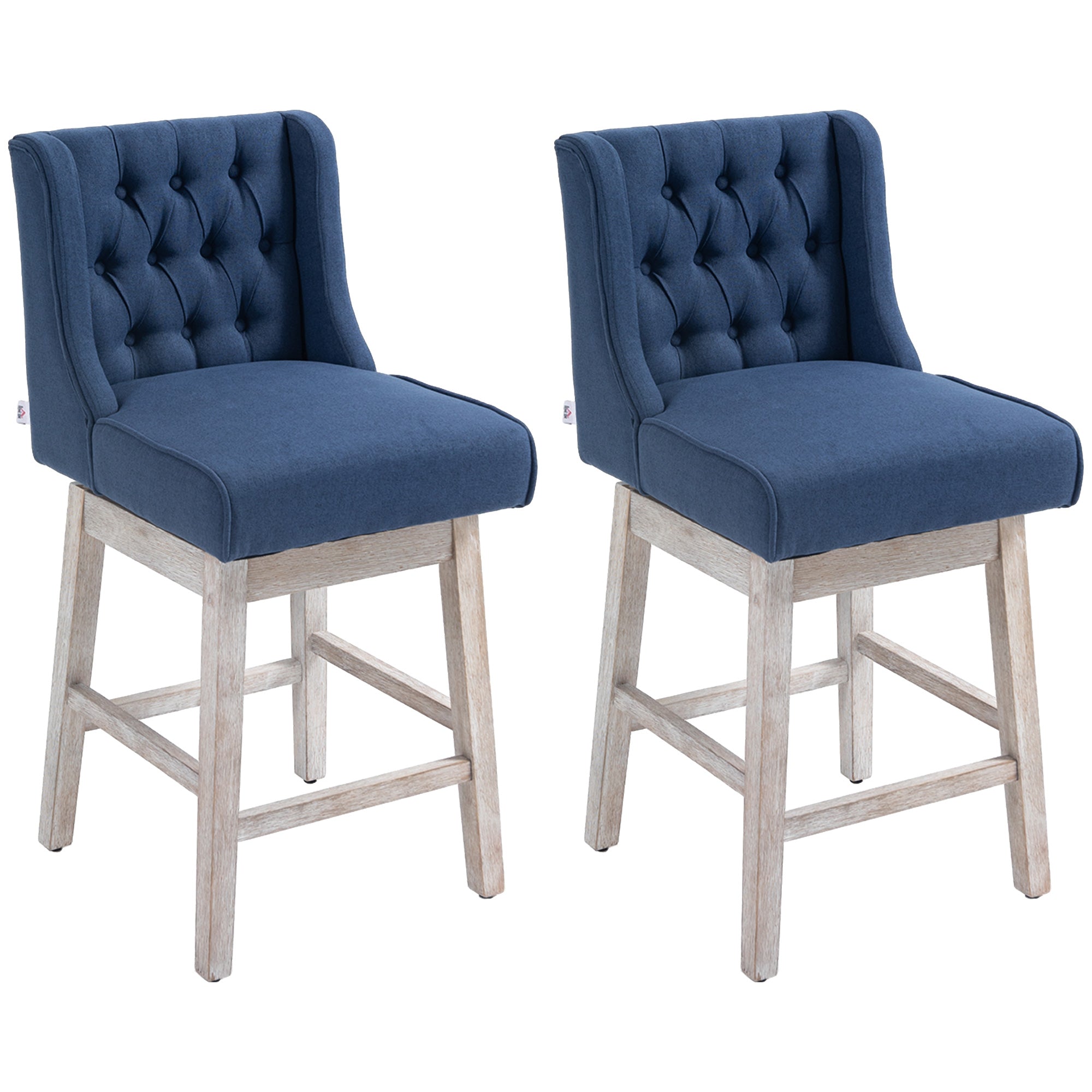 Swivel Bar Stools Set of 2 27" Counter Height with Linen Upholstery and Button Tufted Design Blue