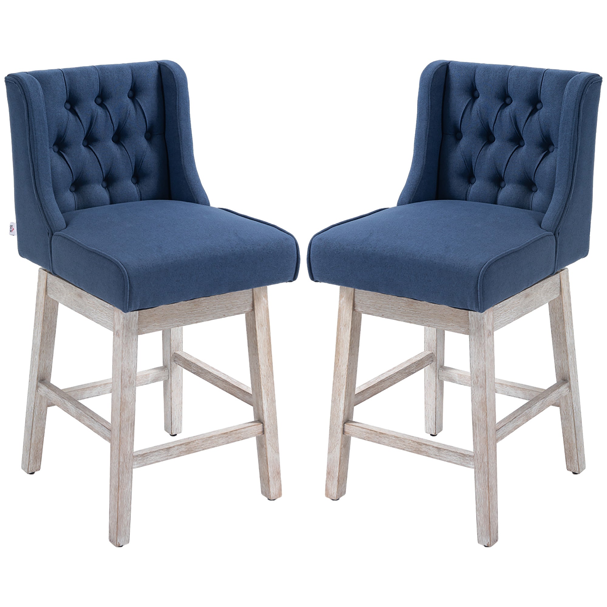 Swivel Bar Stools Set of 2 27" Counter Height with Linen Upholstery and Button Tufted Design Blue