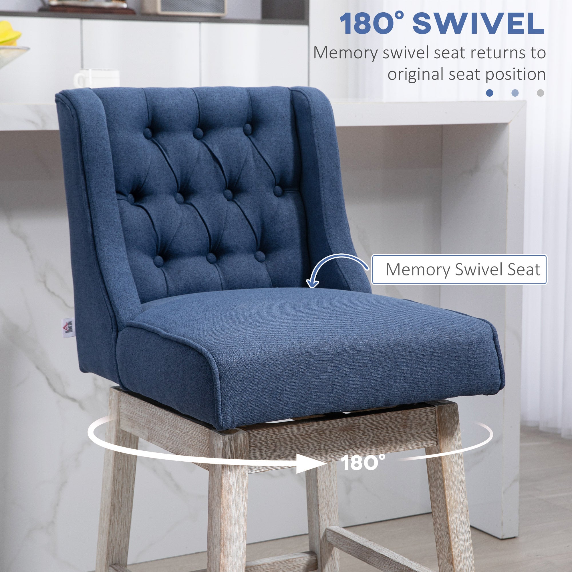 Swivel Bar Stools Set of 2 27" Counter Height with Linen Upholstery and Button Tufted Design Blue