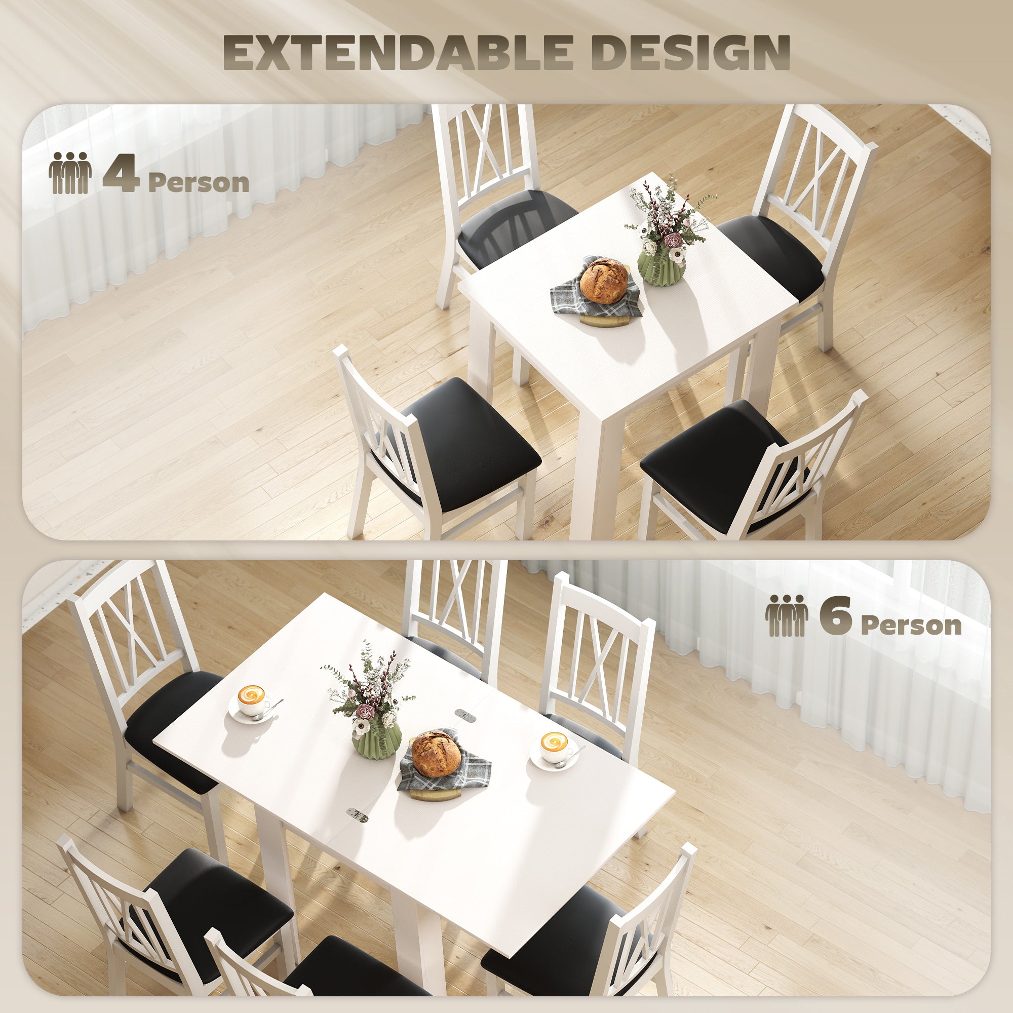 55" Extendable Dining Table for 4-6 Person, Rectangular Modern Kitchen Table with PU Handle and Felt Pads for Small Spaces, White Wood Effect