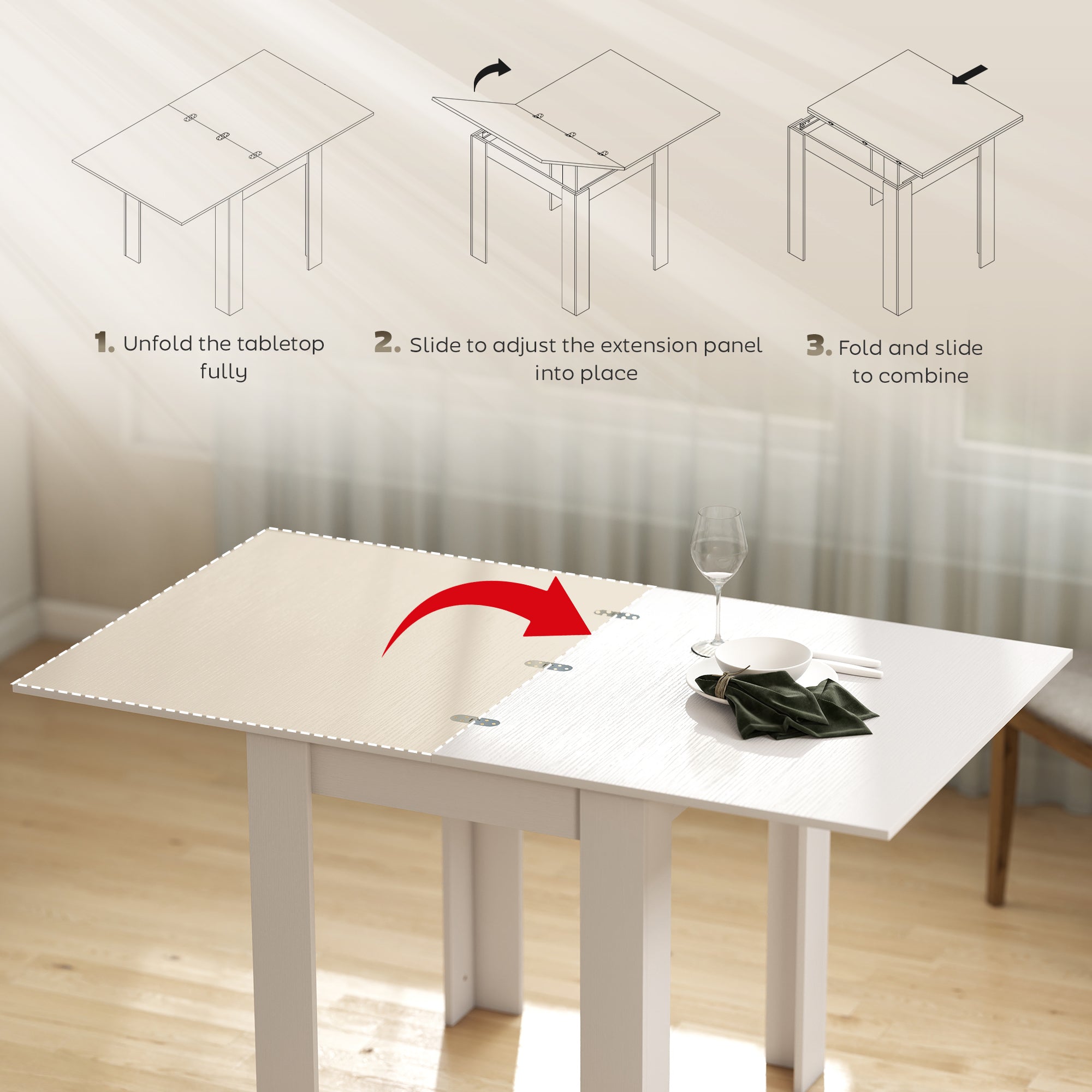 55" Extendable Dining Table for 4-6 Person, Rectangular Modern Kitchen Table with PU Handle and Felt Pads for Small Spaces, White Wood Effect