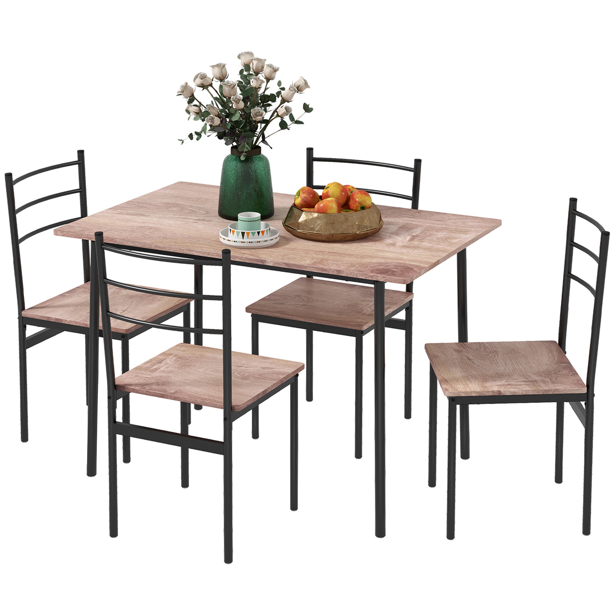 HOMCOM 5 Piece Dining Table Set for 4, Space Saving Kitchen Table and 4 Chairs, Rectangle, Steel Frame for Dining Room, Oak