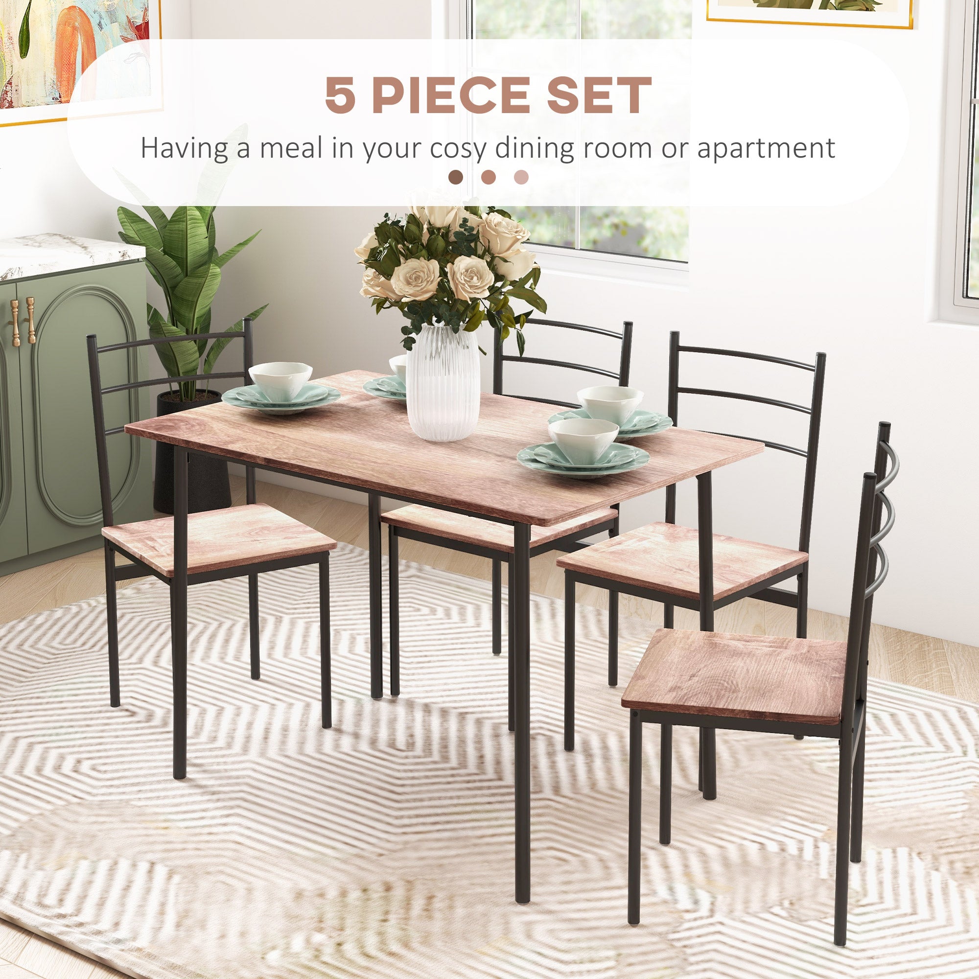 HOMCOM 5 Piece Dining Table Set for 4, Space Saving Kitchen Table and 4 Chairs, Rectangle, Steel Frame for Dining Room, Oak