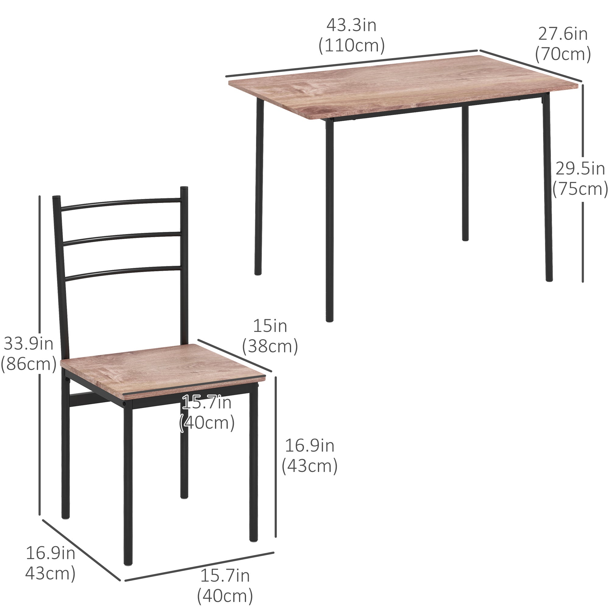 HOMCOM 5 Piece Dining Table Set for 4, Space Saving Kitchen Table and 4 Chairs, Rectangle, Steel Frame for Dining Room, Oak