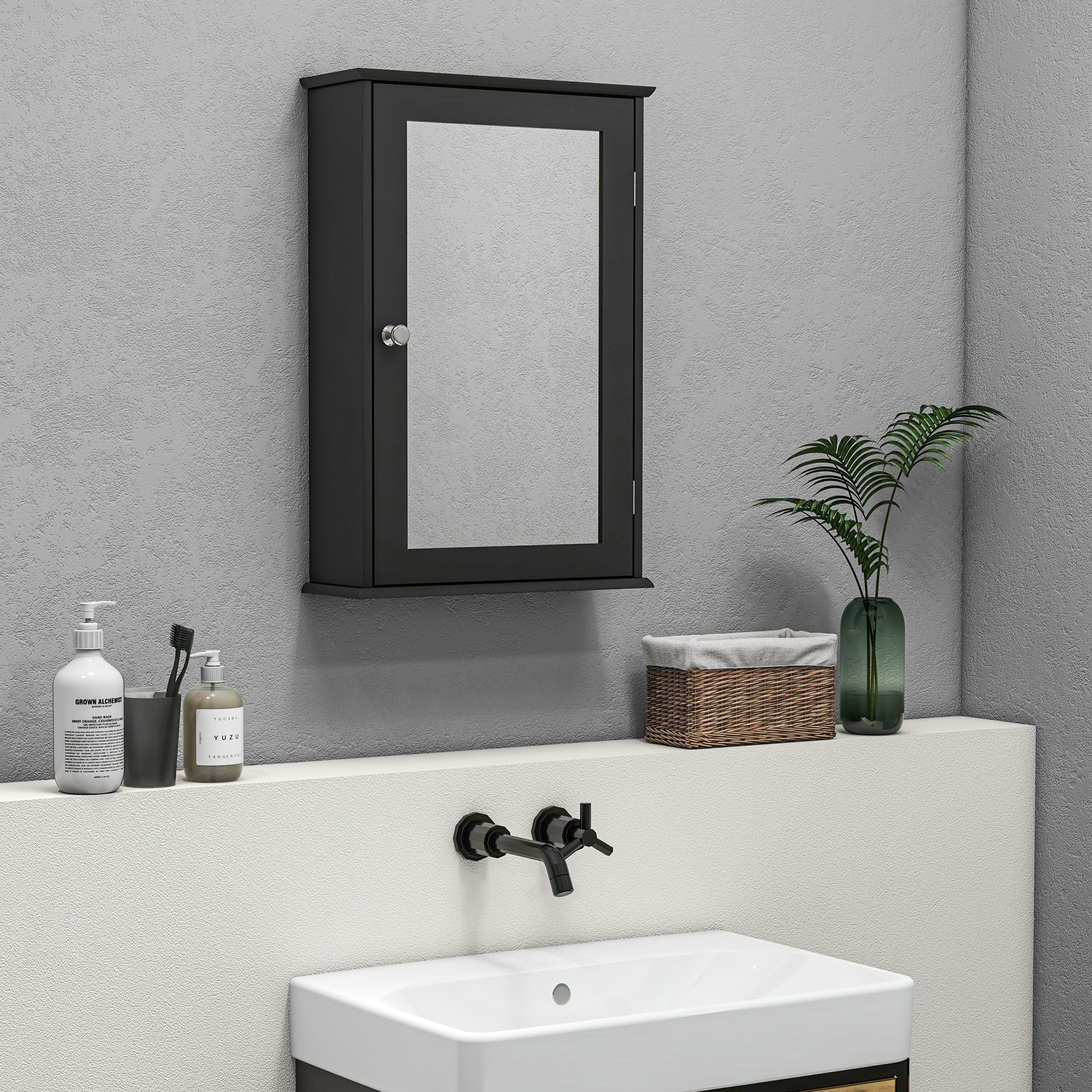 kleankin Bathroom Mirror Cabinet, Wall Mounted Medicine Cabinet, Storage Cupboard with Door and Shelves, Black