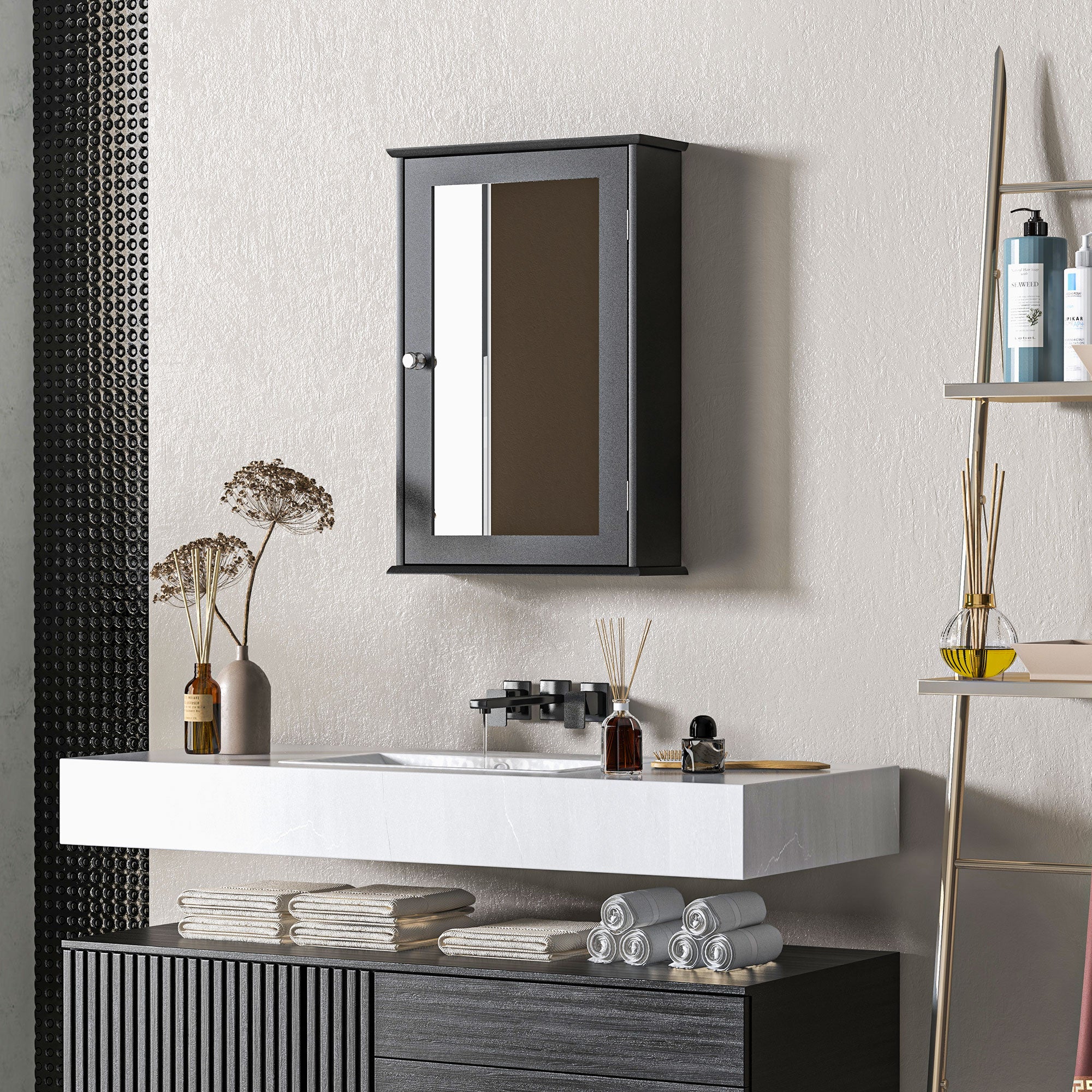 kleankin Bathroom Mirror Cabinet, Wall Mounted Medicine Cabinet, Storage Cupboard with Door and Shelves, Black