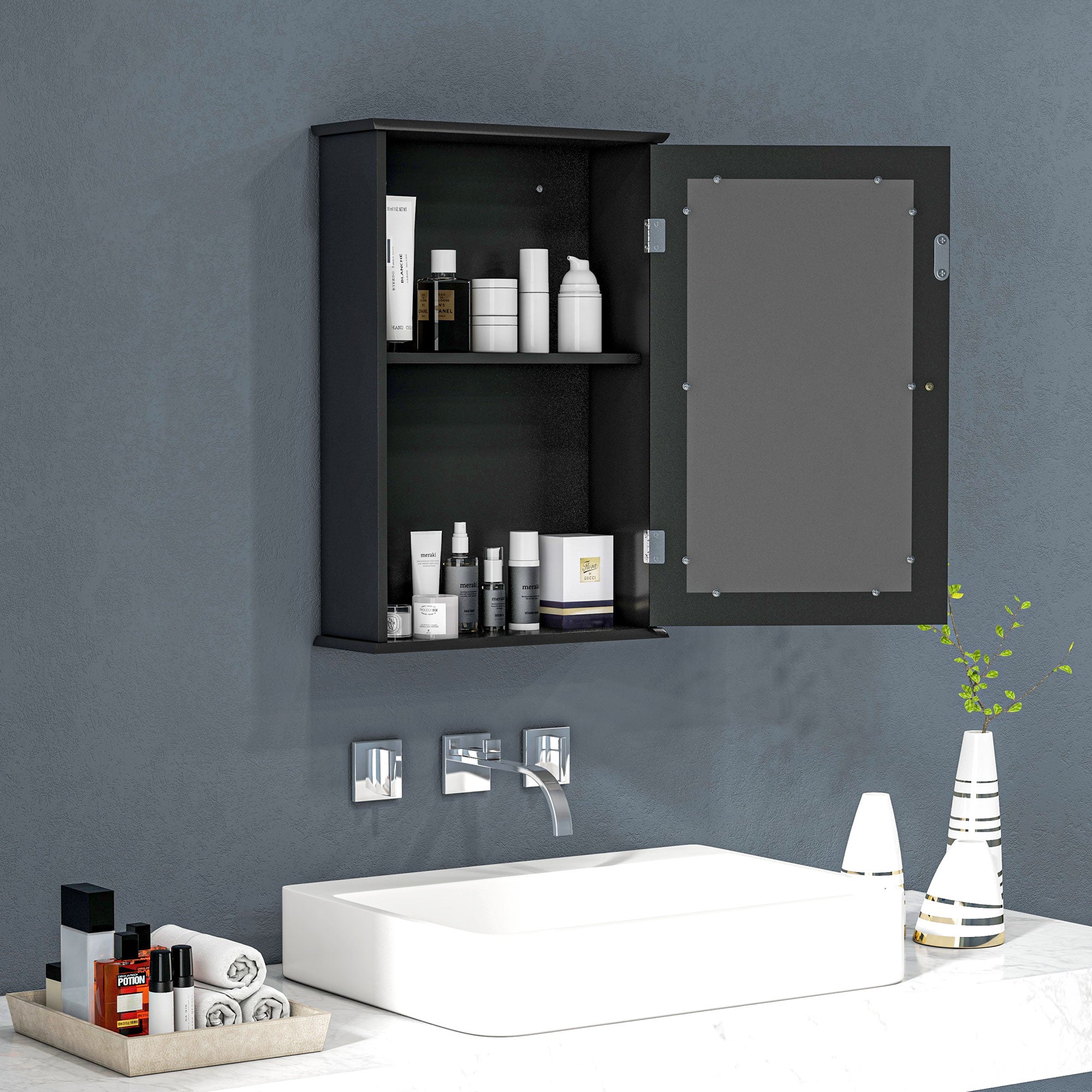 kleankin Bathroom Mirror Cabinet, Wall Mounted Medicine Cabinet, Storage Cupboard with Door and Shelves, Black