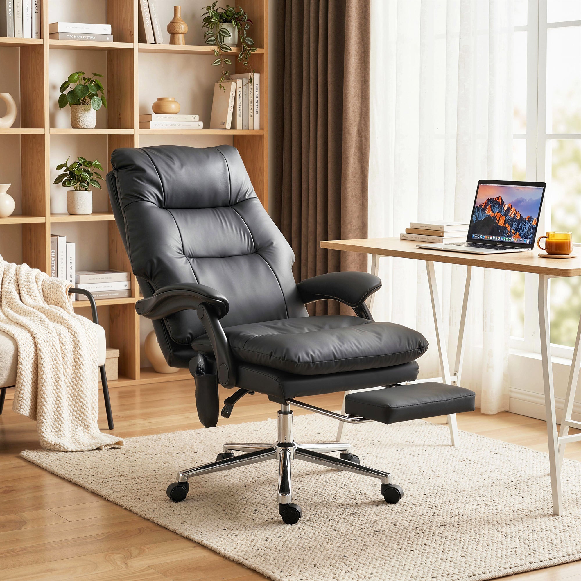 Massage Office Chair with 6-Point Vibration, Pet-Friendly Faux Leather Ergonomic Executive Desk Chair with Double-Layer Spring Cushions, Wide Seat, High Back, Reclining, Footrest, Black