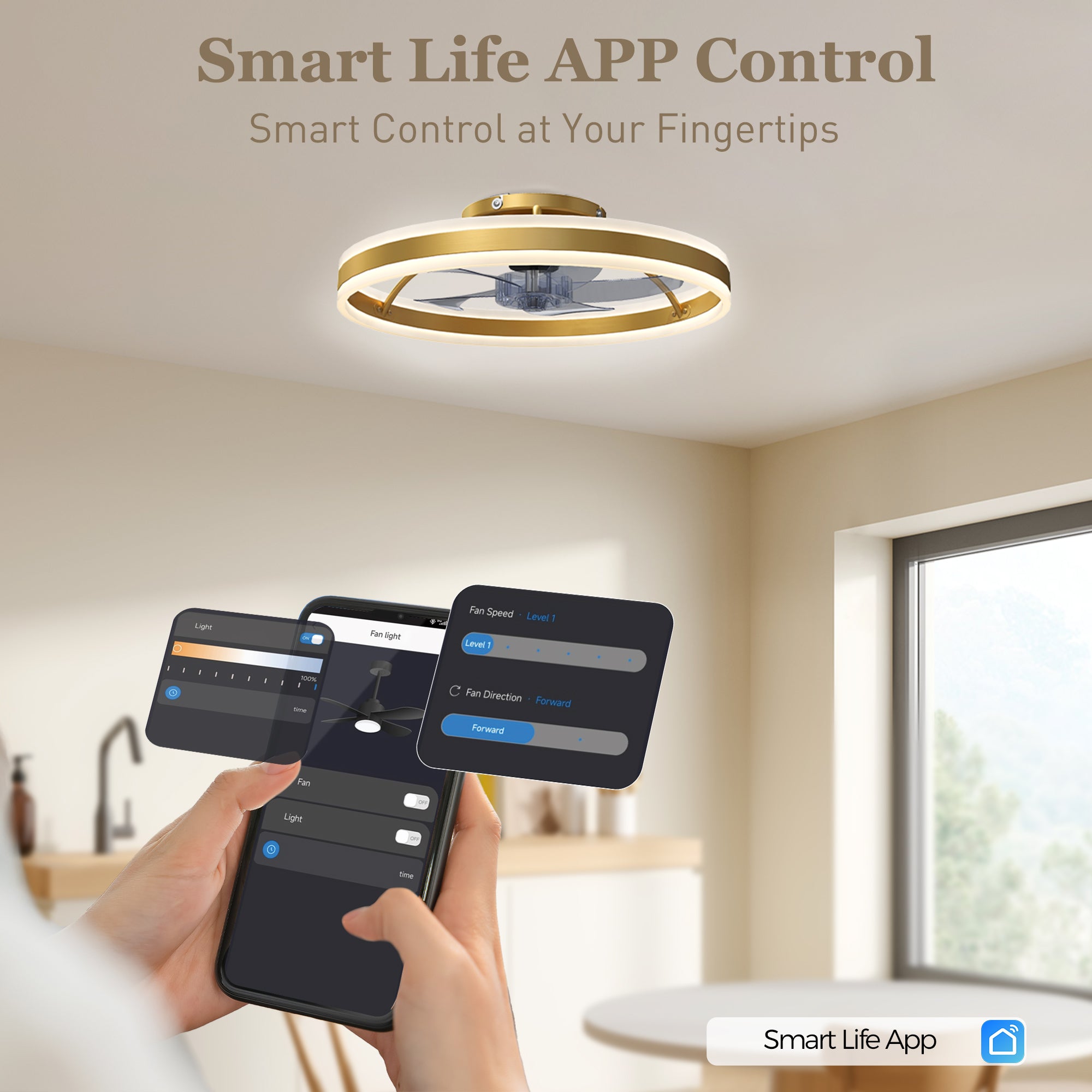 Ceiling Fans with Lights and Remote & App Control, 50 cm Modern LED Ceiling Fan Light with 3 Colour Temperatures, 6 Speed, Dimmable, Timer Quiet Reversible DC Motor, for Bedroom, Gold Tone