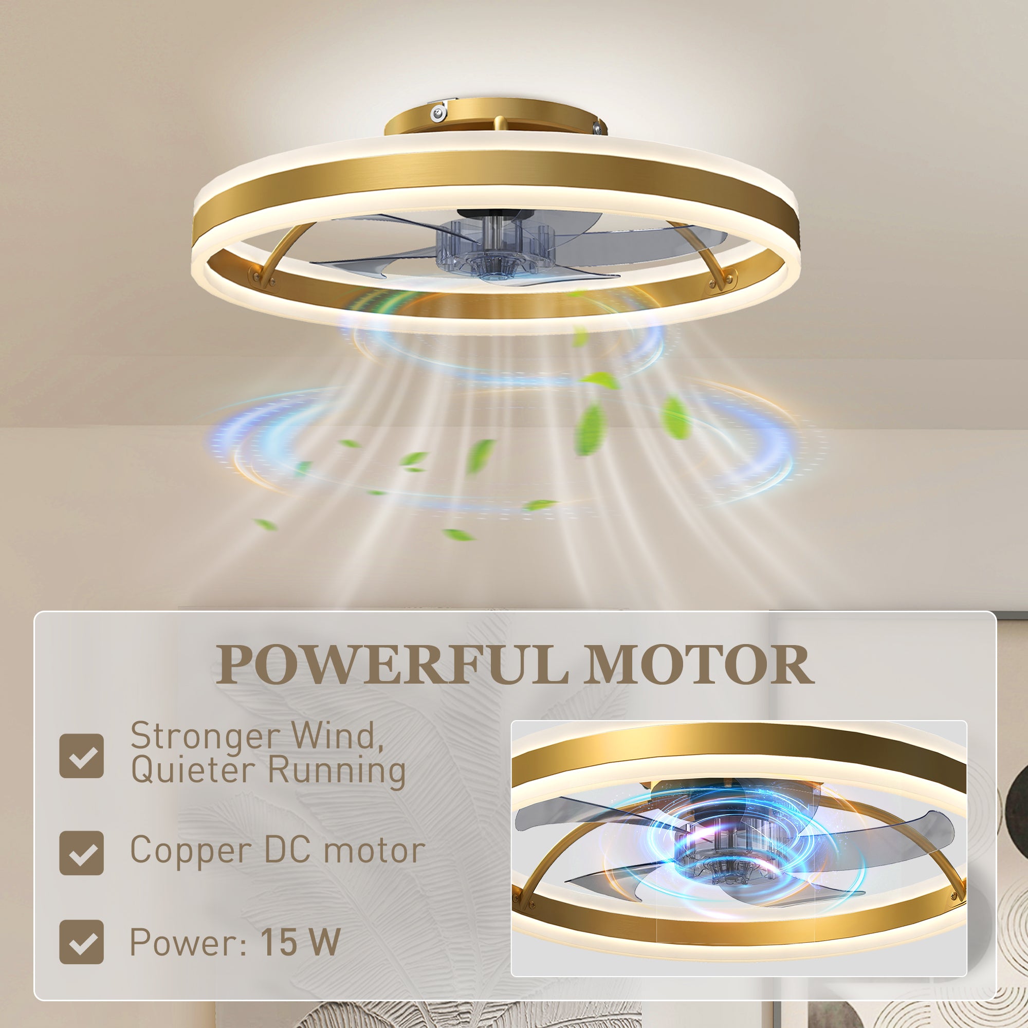 Ceiling Fans with Lights and Remote & App Control, 50 cm Modern LED Ceiling Fan Light with 3 Colour Temperatures, 6 Speed, Dimmable, Timer Quiet Reversible DC Motor, for Bedroom, Gold Tone