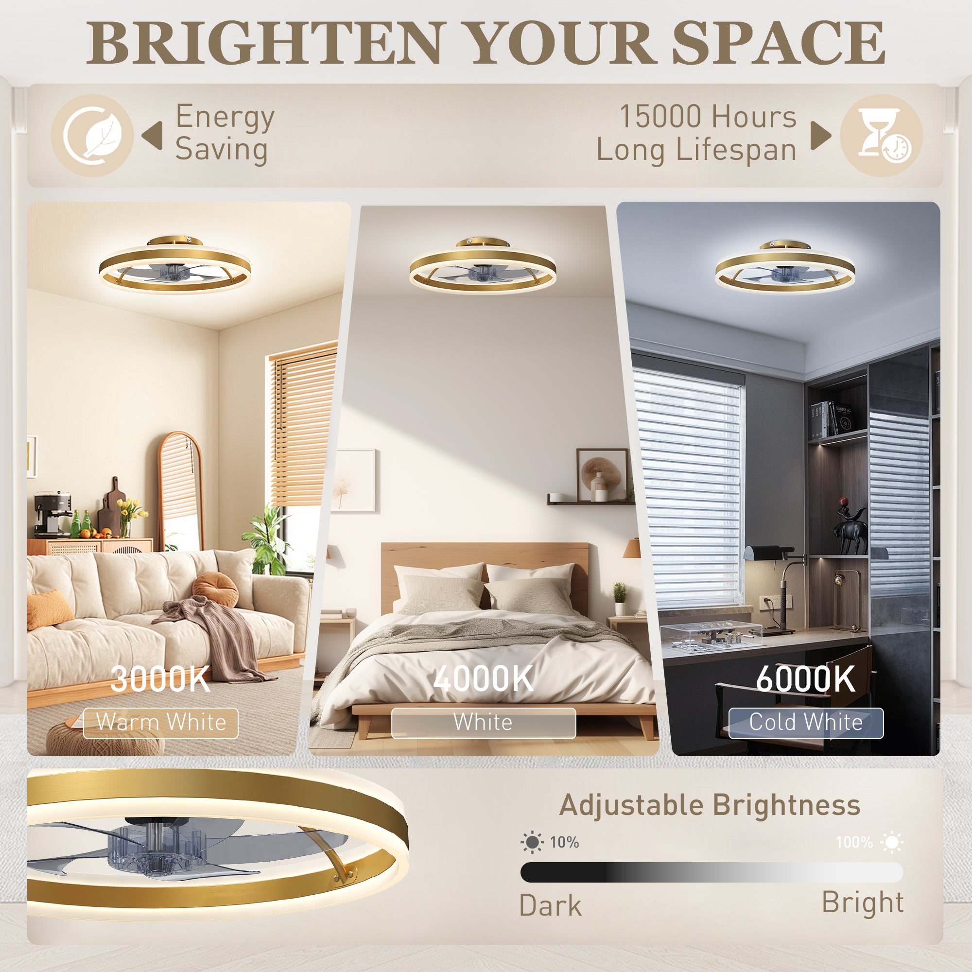 Ceiling Fans with Lights and Remote & App Control, 50 cm Modern LED Ceiling Fan Light with 3 Colour Temperatures, 6 Speed, Dimmable, Timer Quiet Reversible DC Motor, for Bedroom, Gold Tone