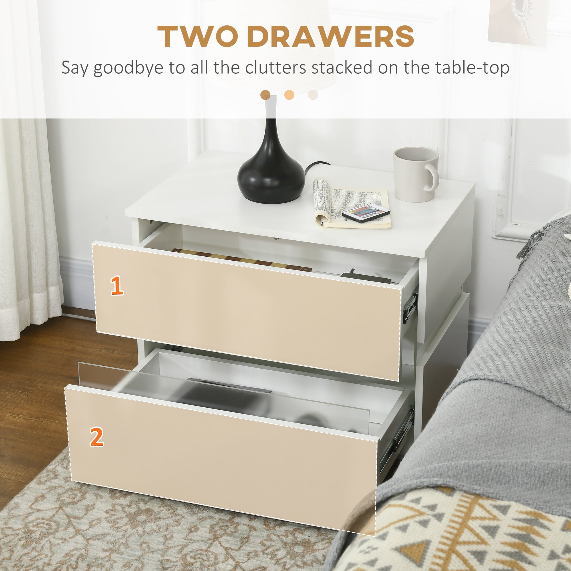 HOMCOM LED Nightstand with 2 Drawers, Bedside Table with 16 Colour, 4 Modes and Adjustable Brightness RGB LED Lights, Remote, White