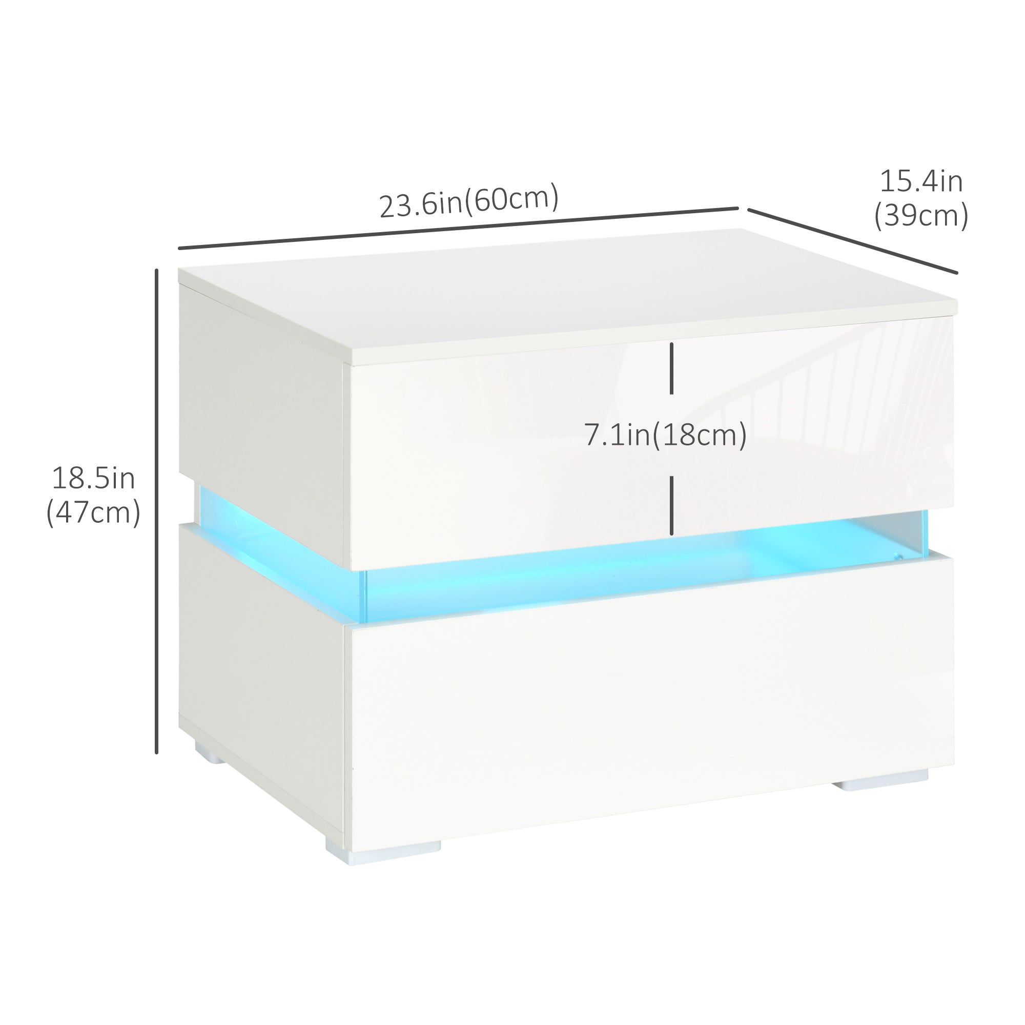 HOMCOM LED Nightstand with 2 Drawers, Bedside Table with 16 Colour, 4 Modes and Adjustable Brightness RGB LED Lights, Remote, White